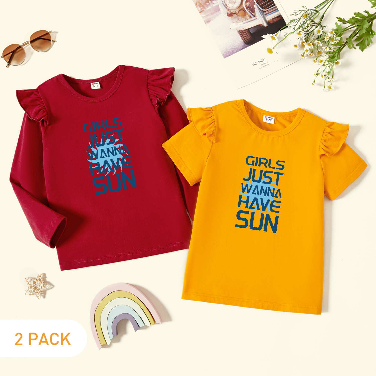 

2-Pack Kids Girl Graphic Flutter-sleeve Tee Set