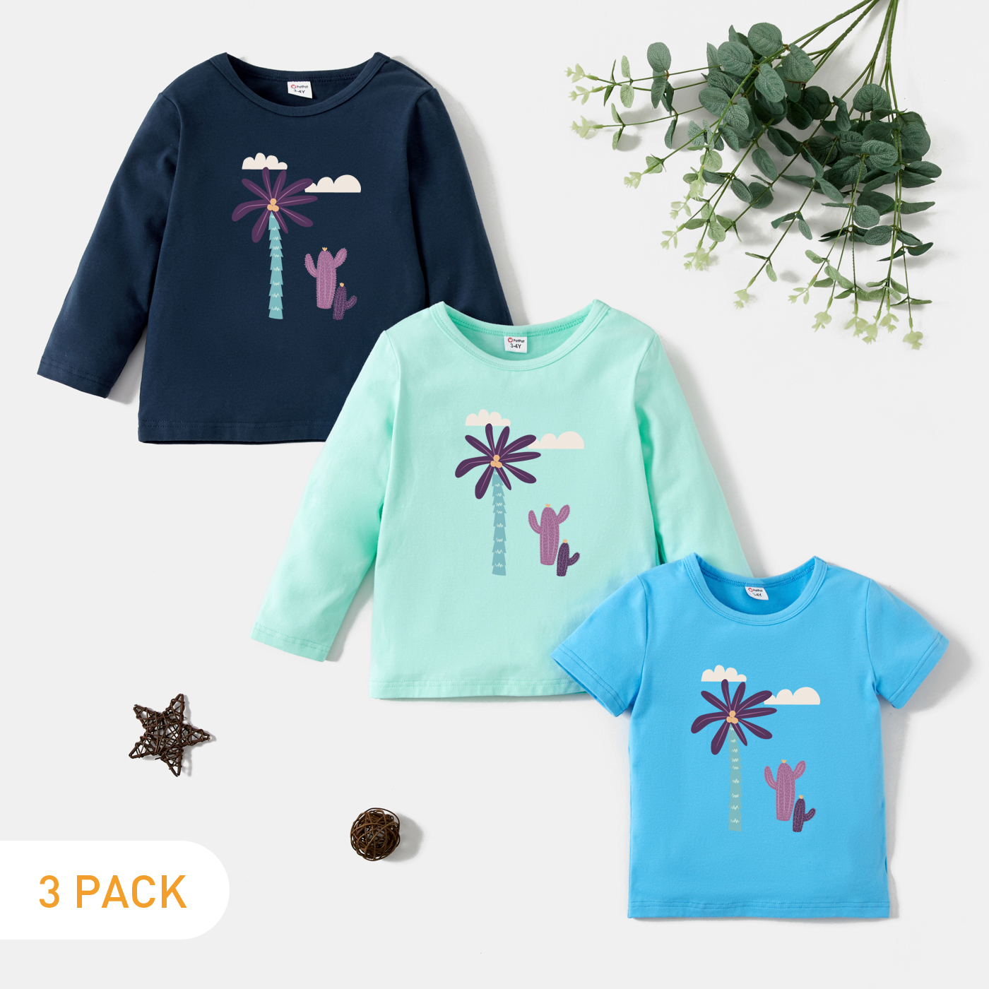 

3-Pack Toddler Graphic Plant and Cloud Print Long-sleeve & Short-sleeve Tee Set