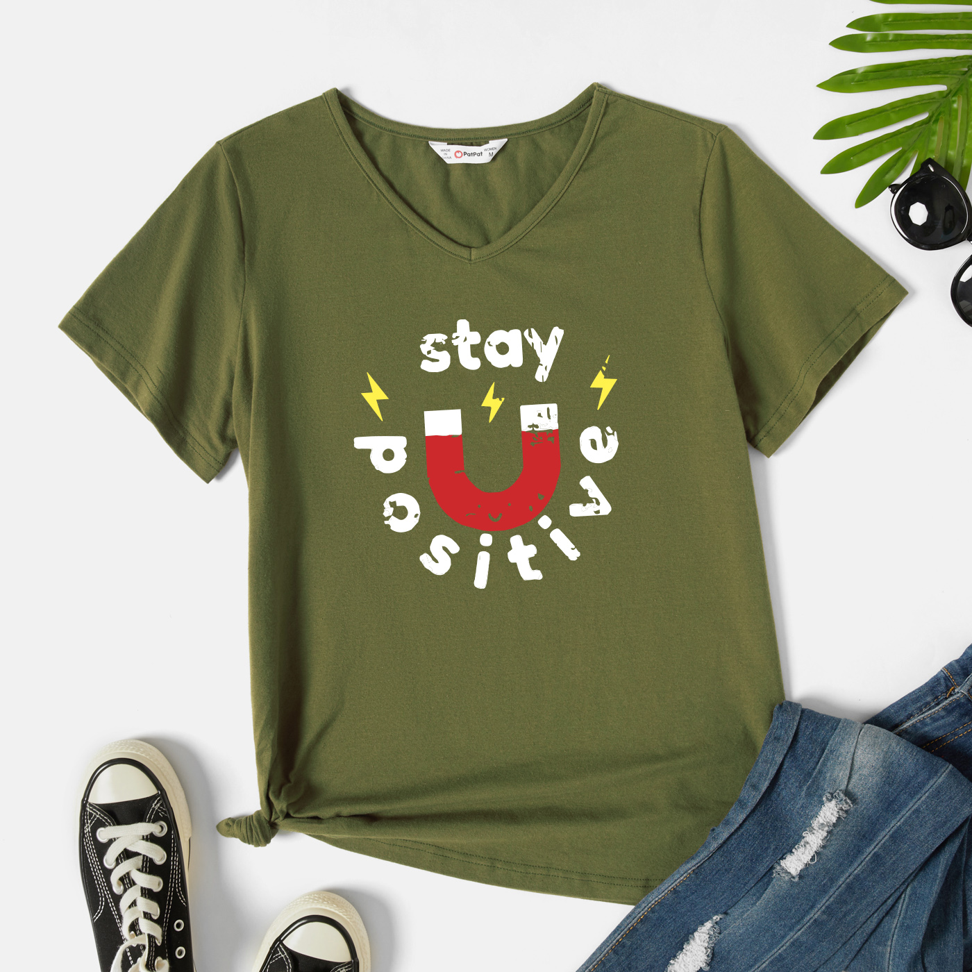 

Graphic Army green Short-sleeve V Neck Tee for Women
