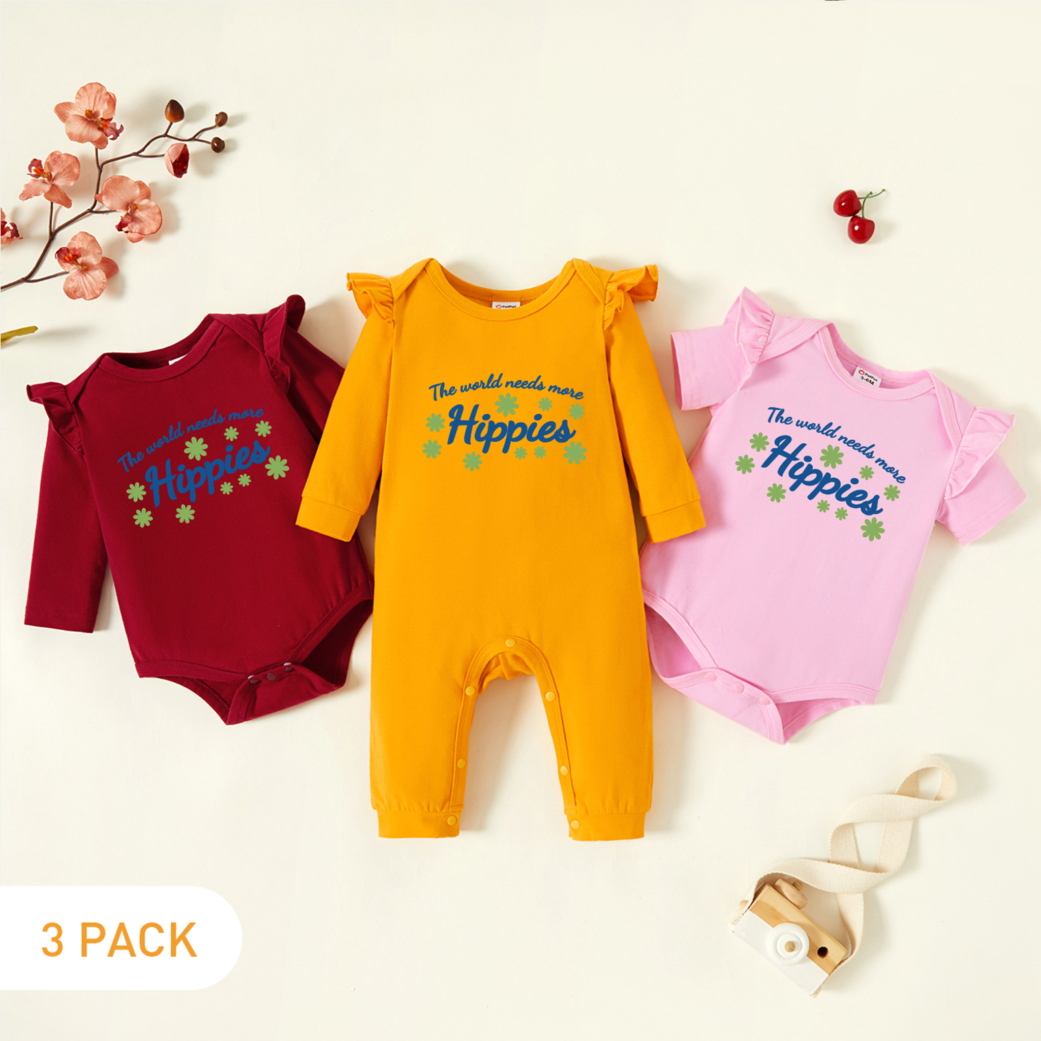 

3-Pack Baby Graphic Flutter-sleeve Romper and Jumpsuit Set