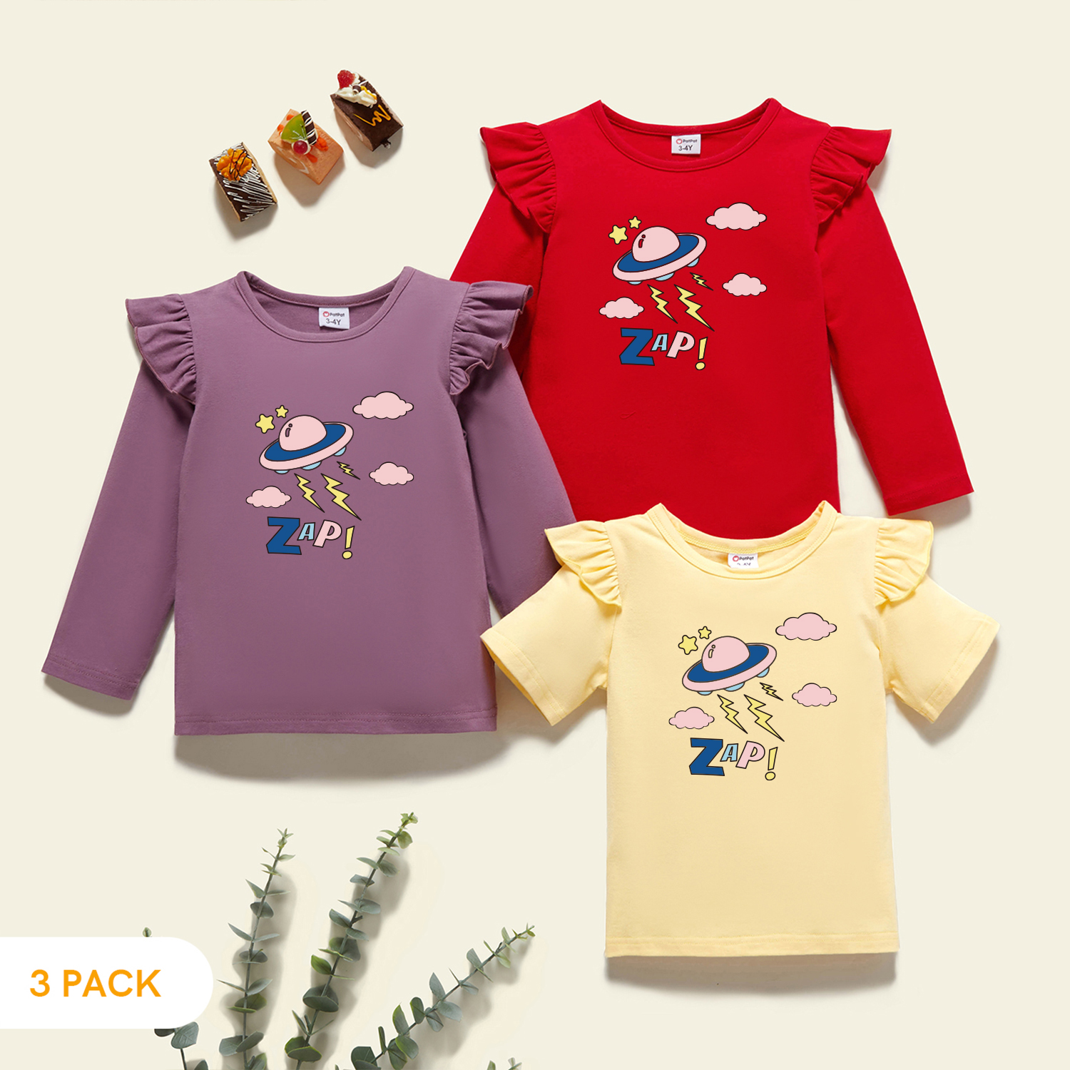 

3-Pack Toddler Girl Graphic Flutter-sleeve Tee Set