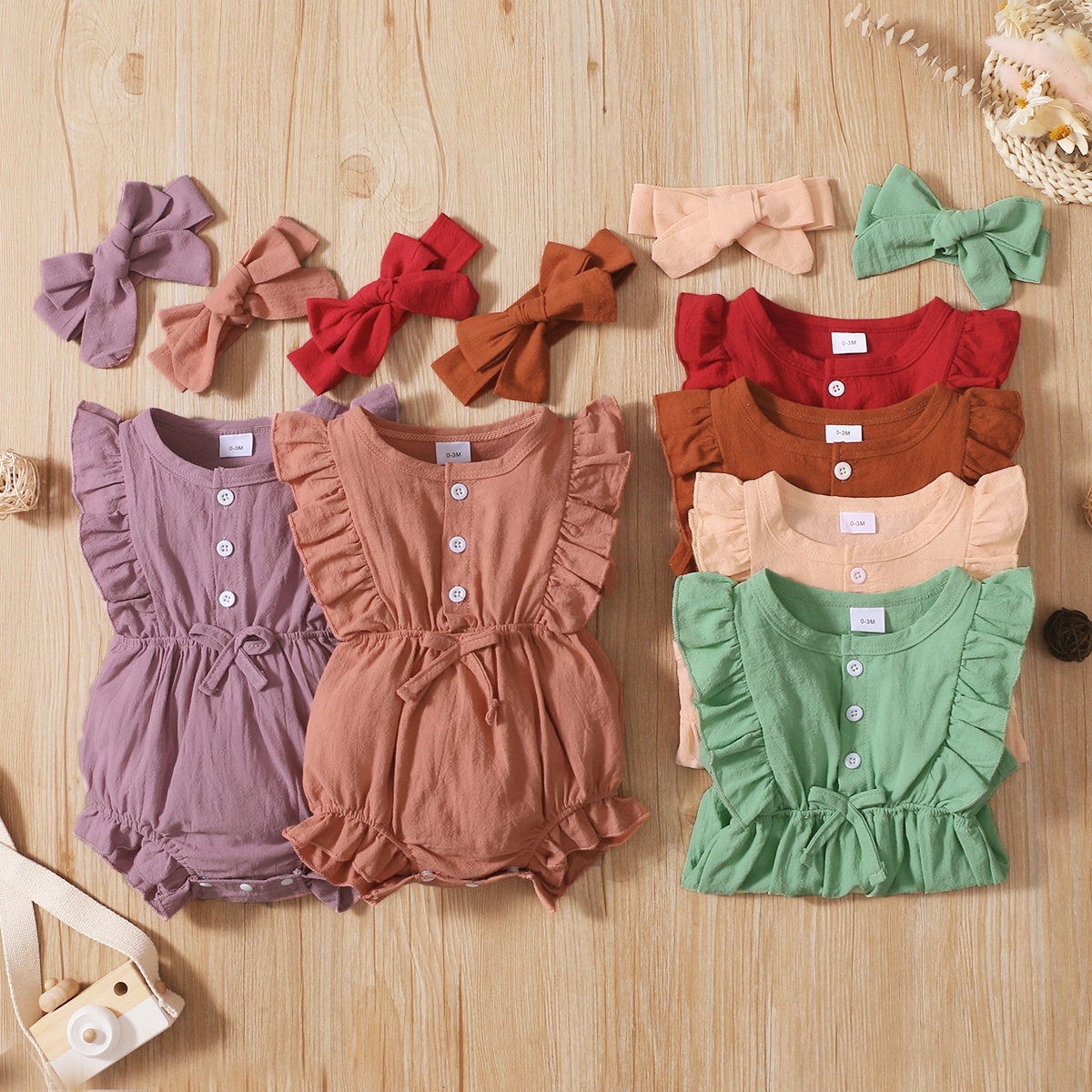 

100% Cotton 2pcs Solid Ruffle and Bow Decor Flutter-sleeve Baby Set