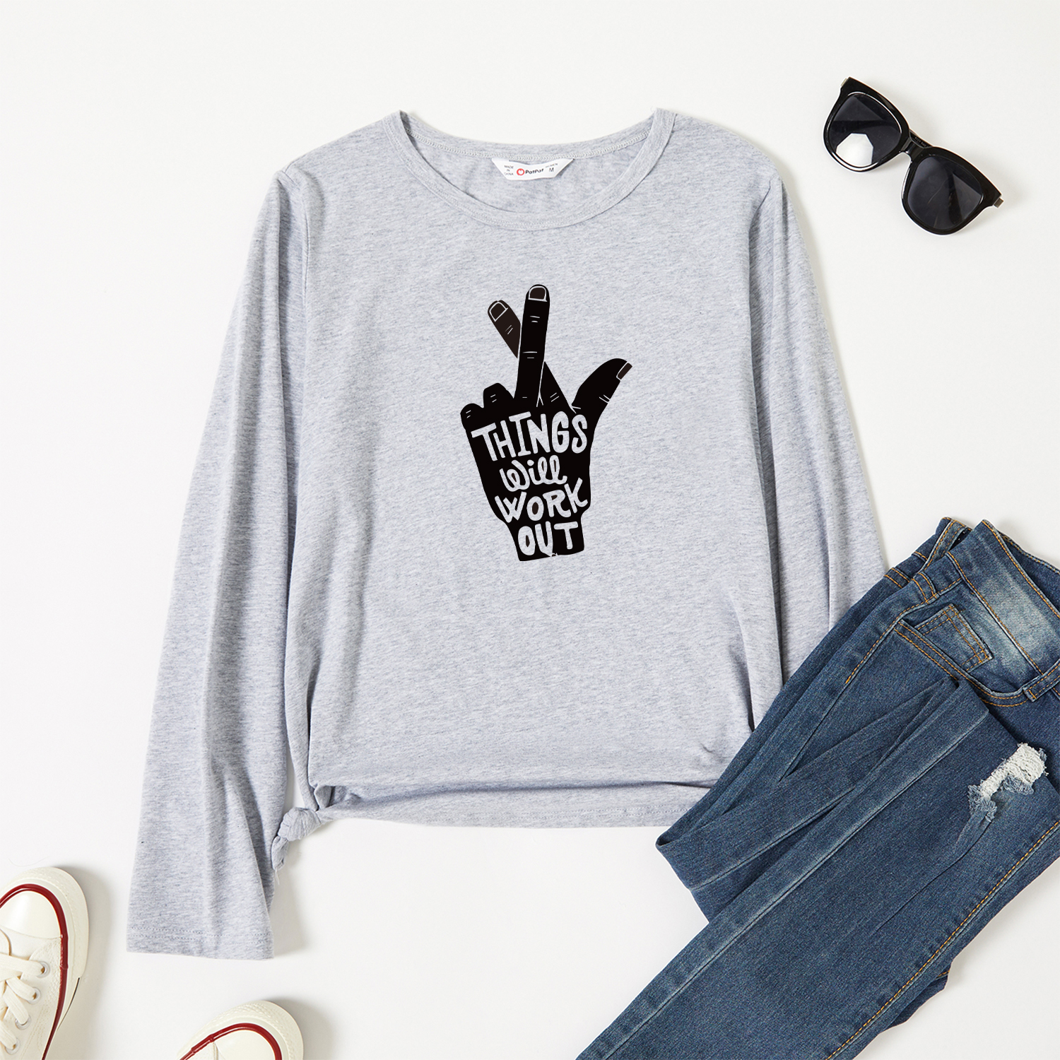 

Graphic Light gray Long-sleeve Round-collar Tee for Women