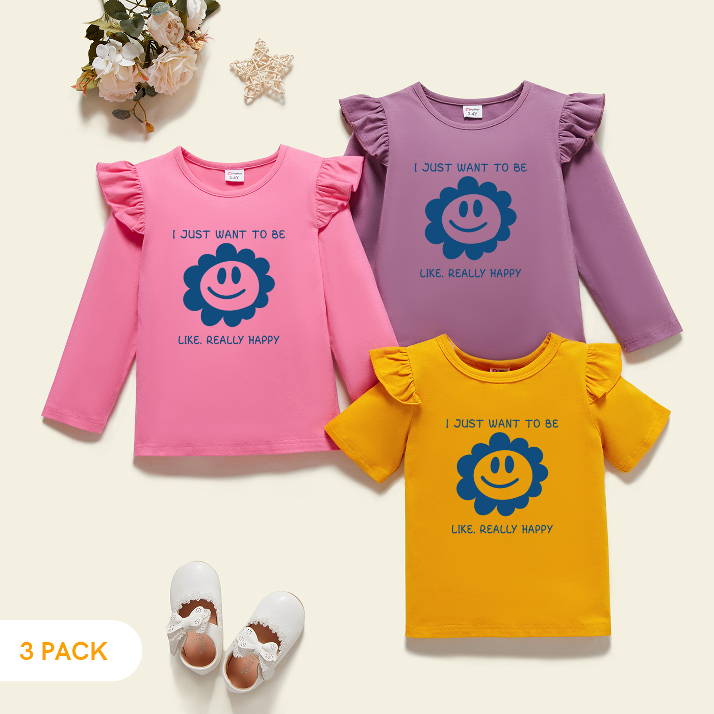 

3-Pack Toddler Girl Graphic Flutter-sleeve Tee Set