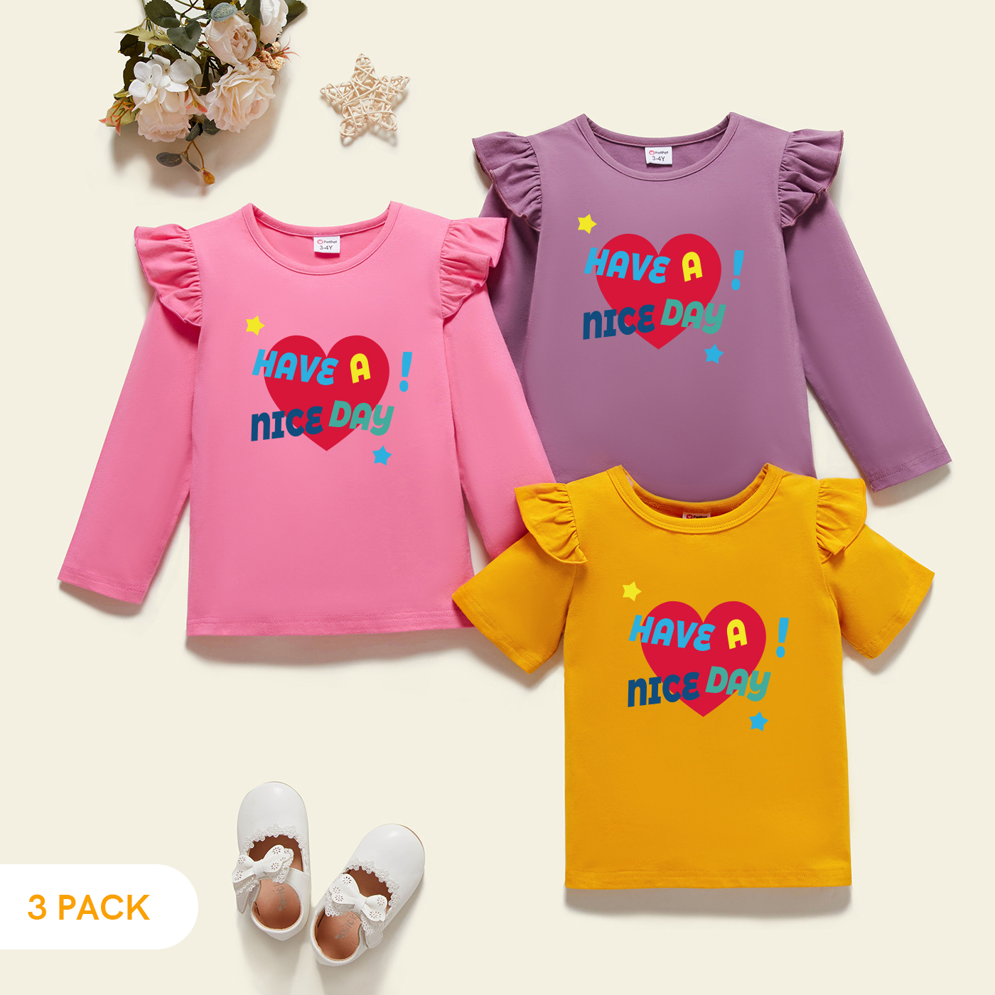 

3-Pack Toddler Girl Graphic Stars and Letter and Heart Print Tee Set
