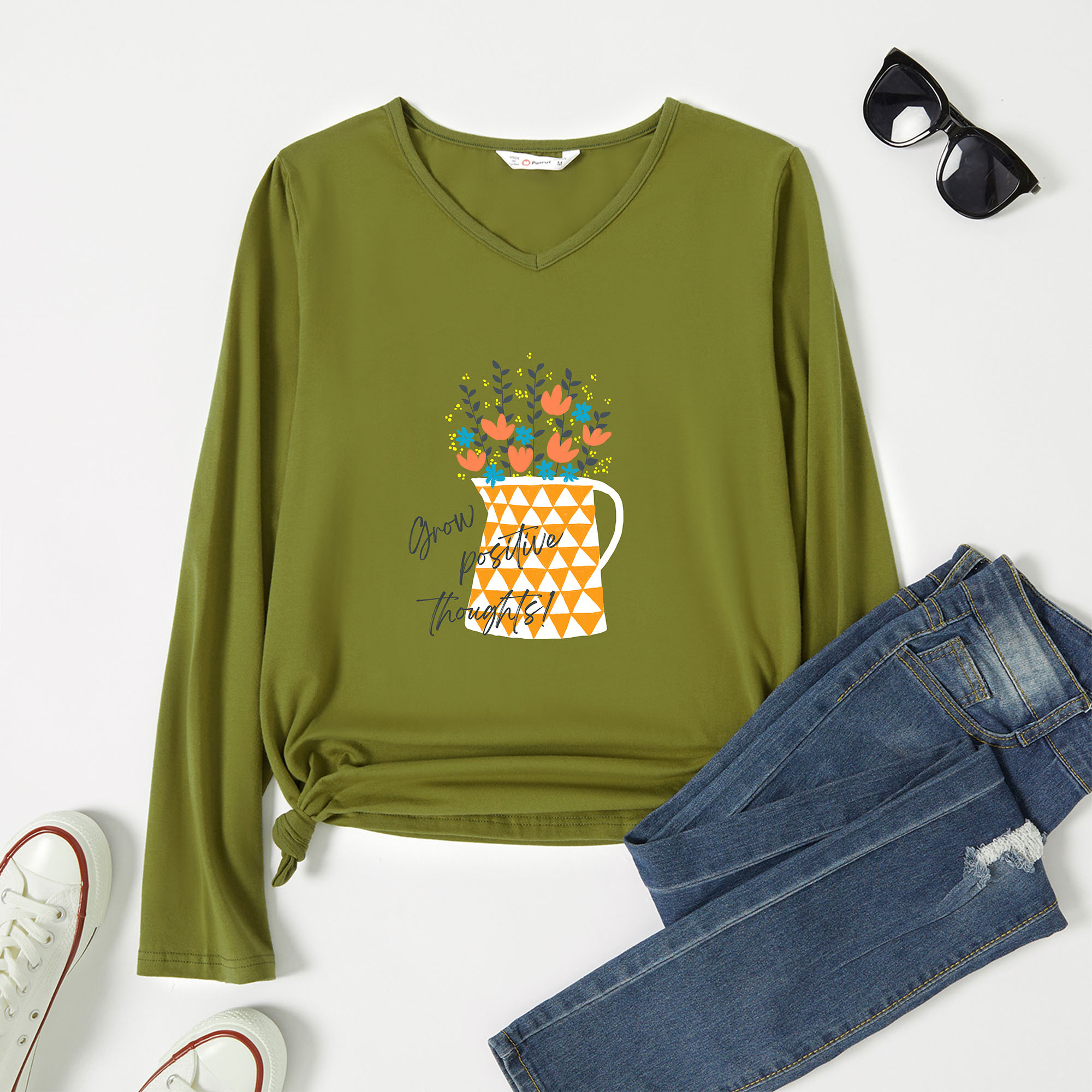 

Graphic Army green Long-sleeve V Neck Tee for Women