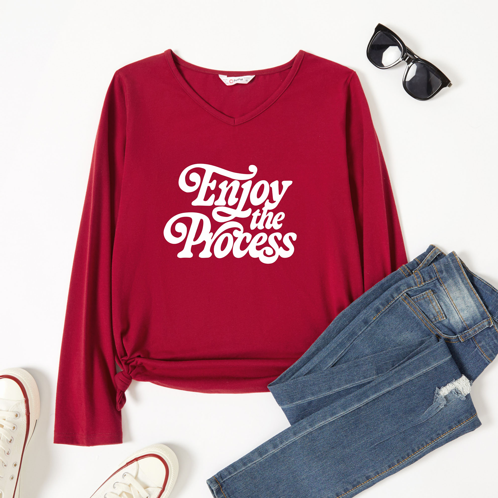 

Graphic Burgundy Long-sleeve V Neck Tee for Women