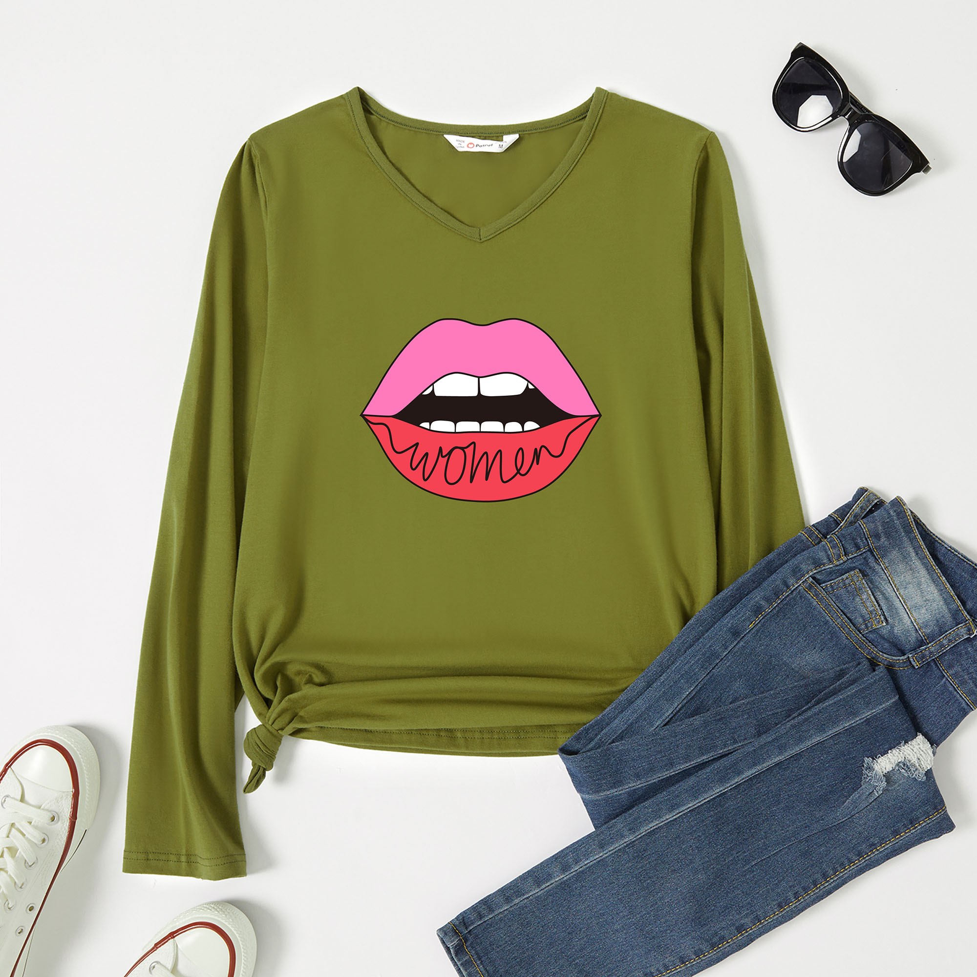 

Graphic Army green Long-sleeve V Neck Tee for Women