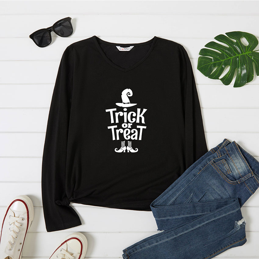 

Graphic Black Long-sleeve V Neck Tee for Women