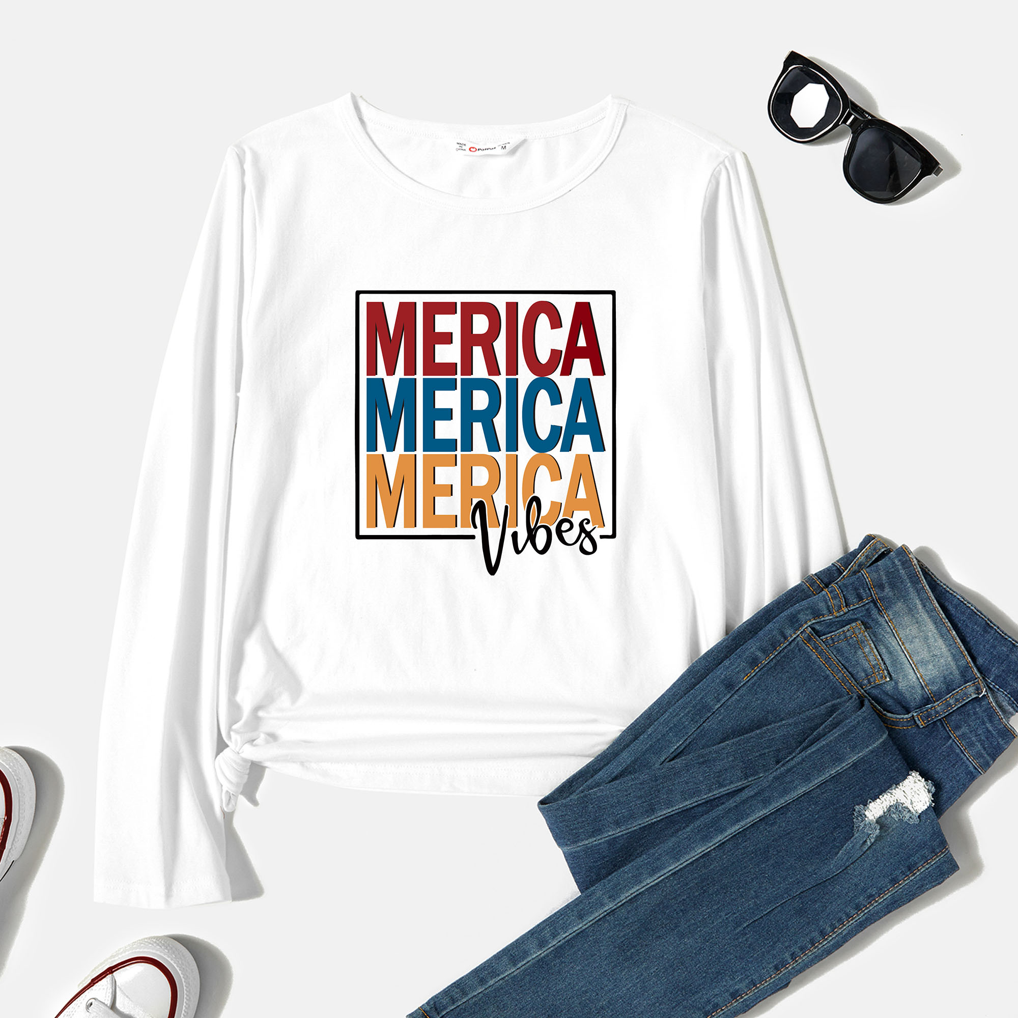 

Graphic White Long-sleeve Round-collar Tee for Women