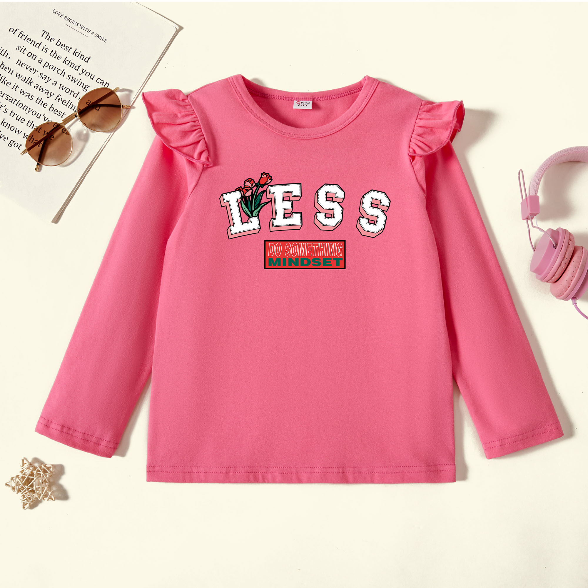 

Kids Graphic Flutter-sleeve Deep Pink Long-sleeve Tee