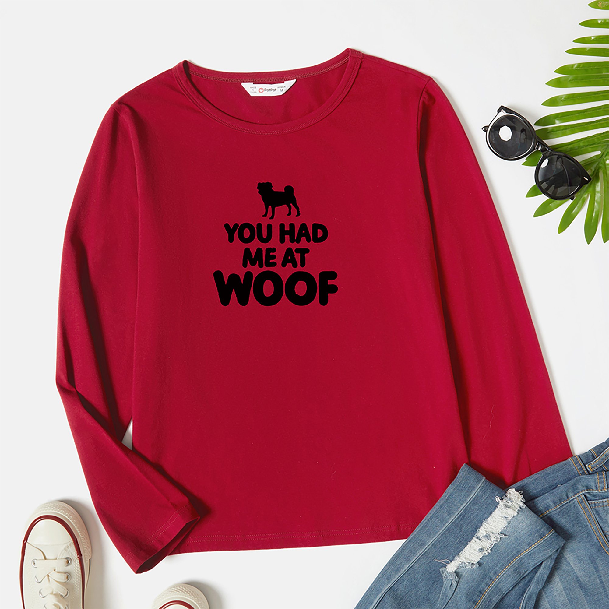 

Graphic Burgundy Long-sleeve Round-collar Tee for Women