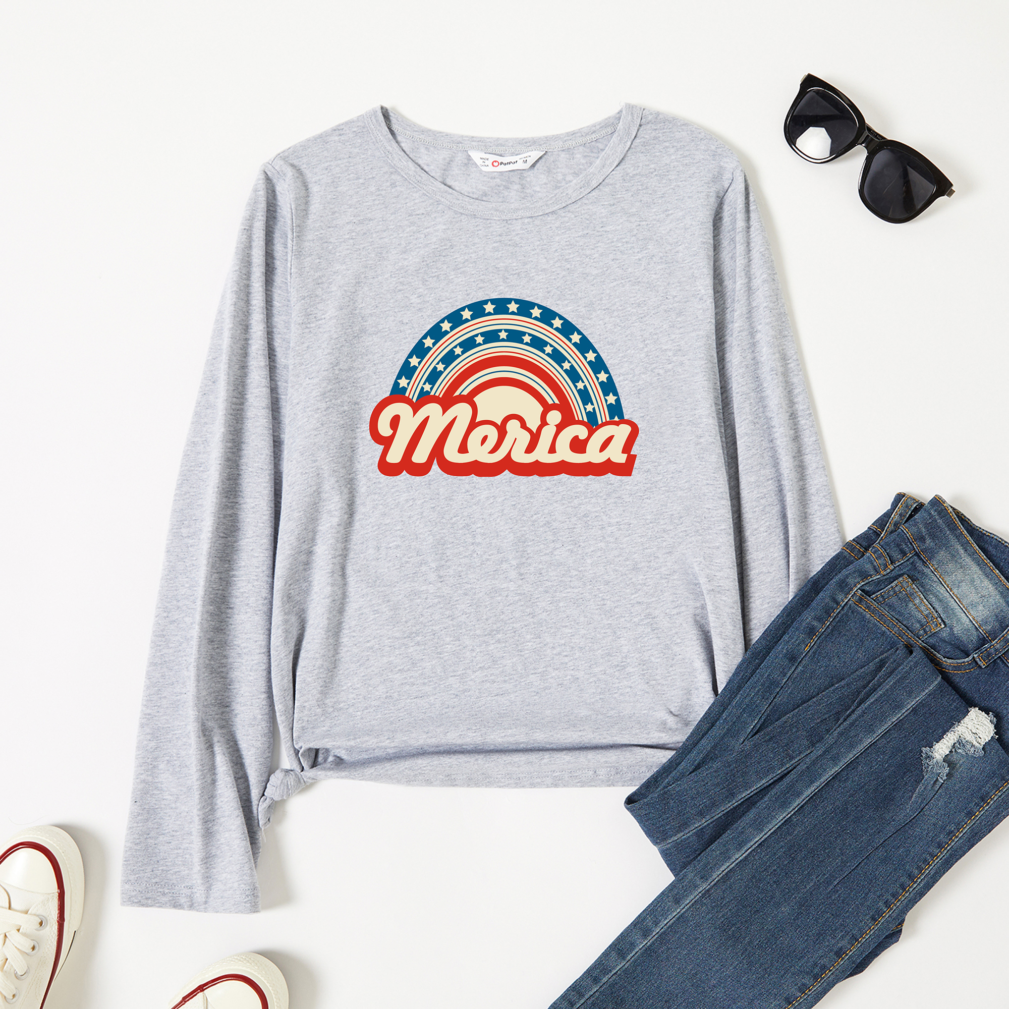

Graphic Light gray Long-sleeve Round-collar Tee for Women