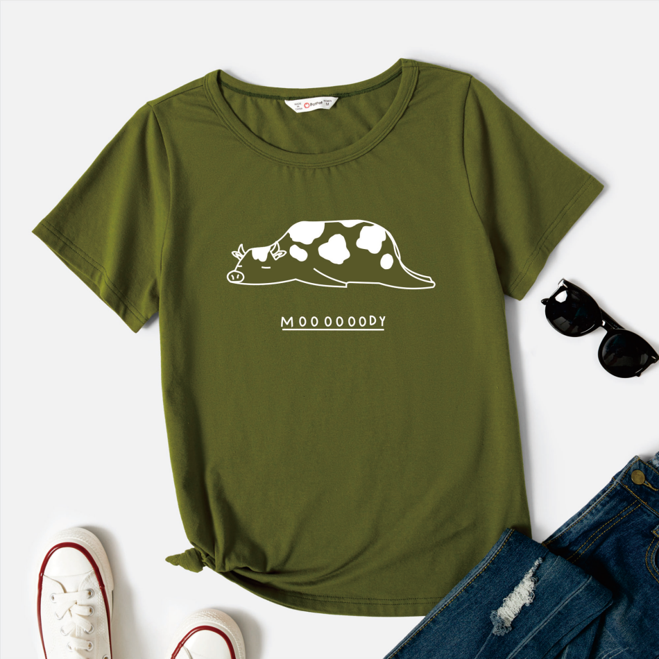

Graphic Army green Short-sleeve Round-collar Tee for Women