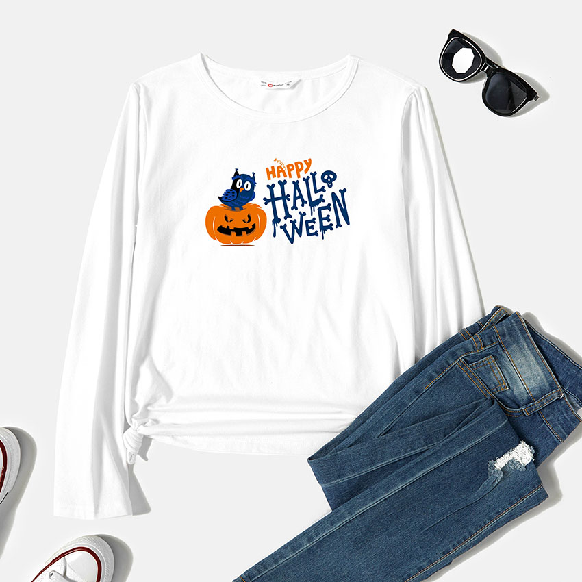 

Graphic White Long-sleeve Round-collar Tee for Women