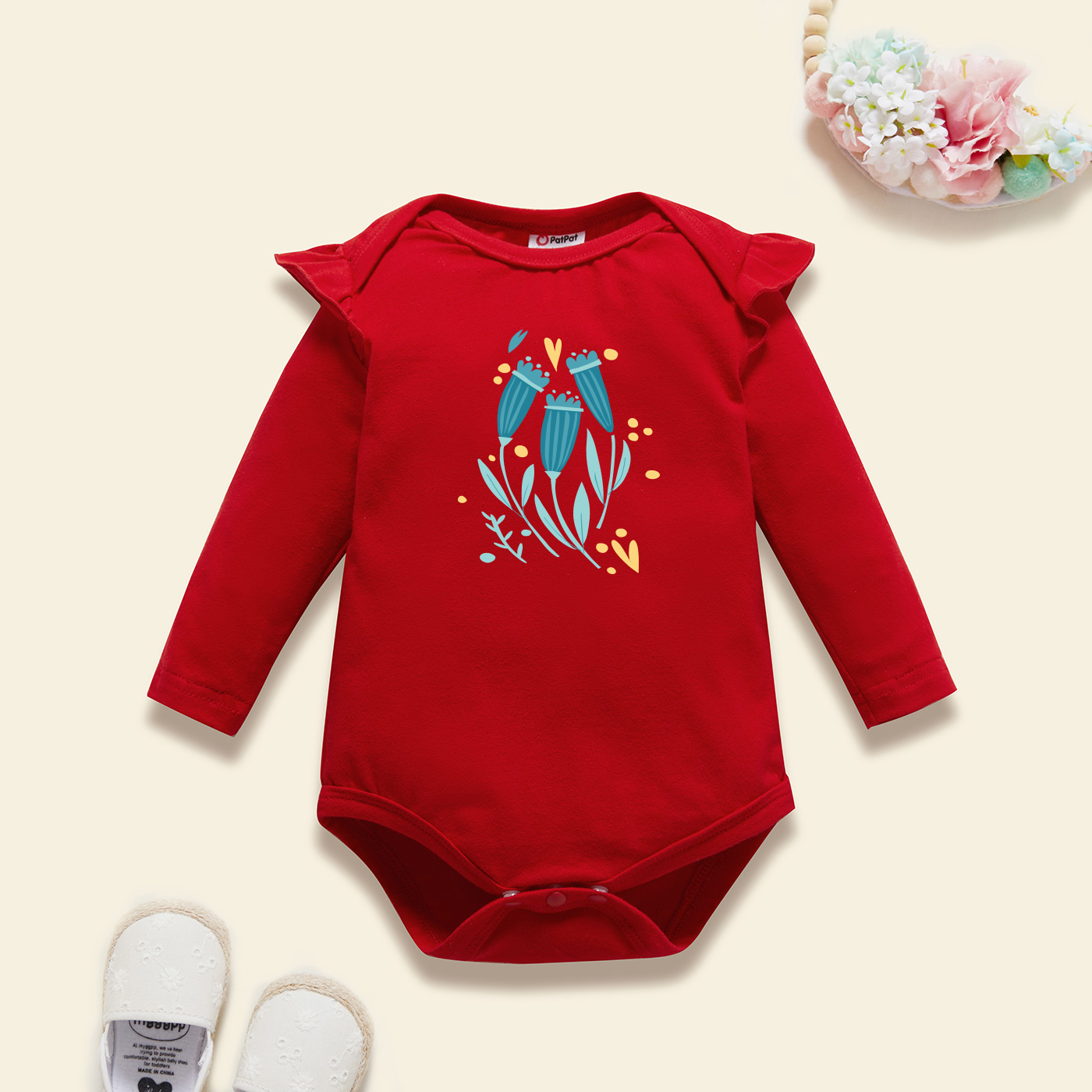 

Baby Graphic Flutter-sleeve Red Long-sleeve Romper