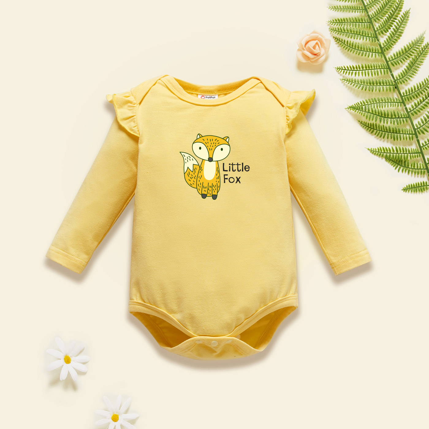 

Baby Graphic Flutter-sleeve Beige Long-sleeve Romper