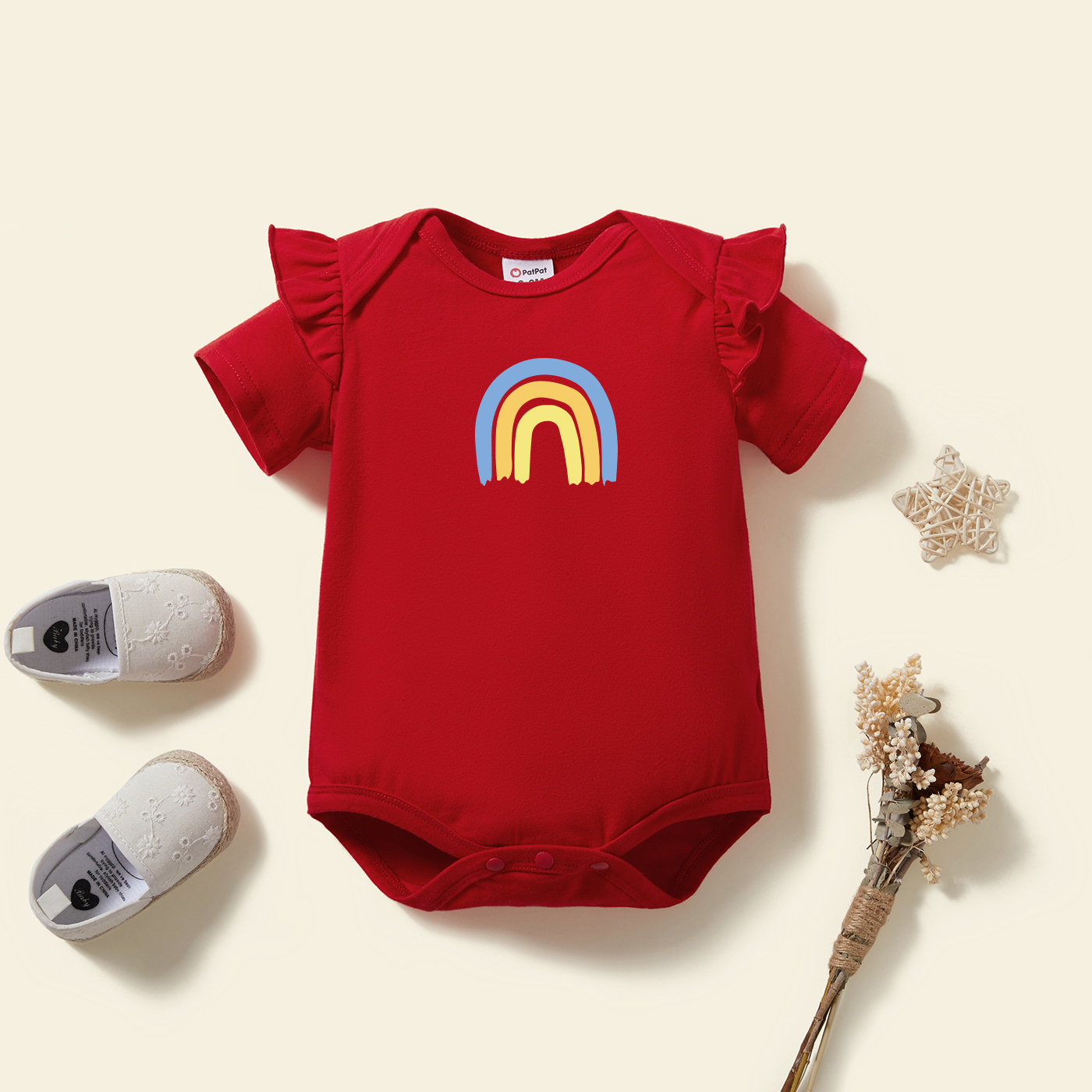 

Baby Graphic Flutter-sleeve Red Short-sleeve Romper