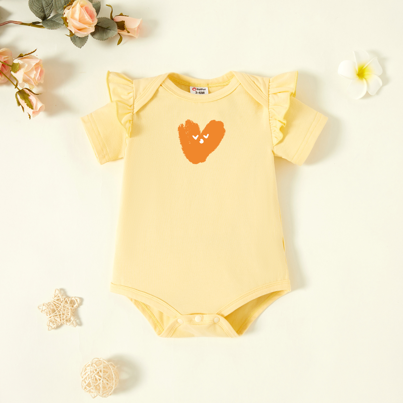 

Baby Graphic Flutter-sleeve Beige Short-sleeve Romper