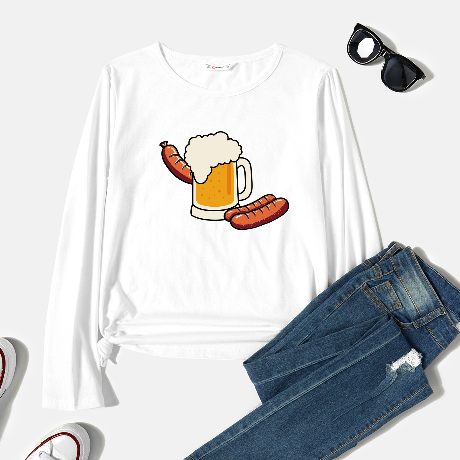 

Graphic White Long-sleeve Round-collar Tee for Women