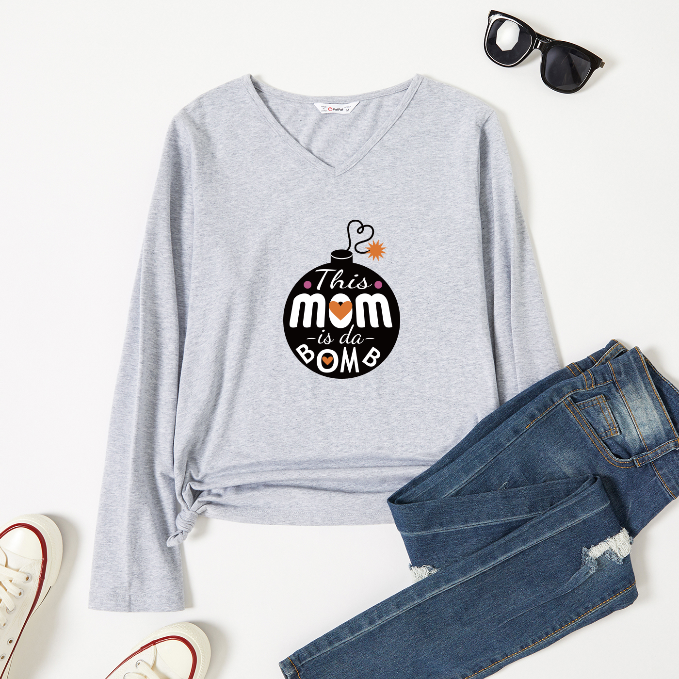 

Graphic Light gray Long-sleeve V Neck Tee for Women