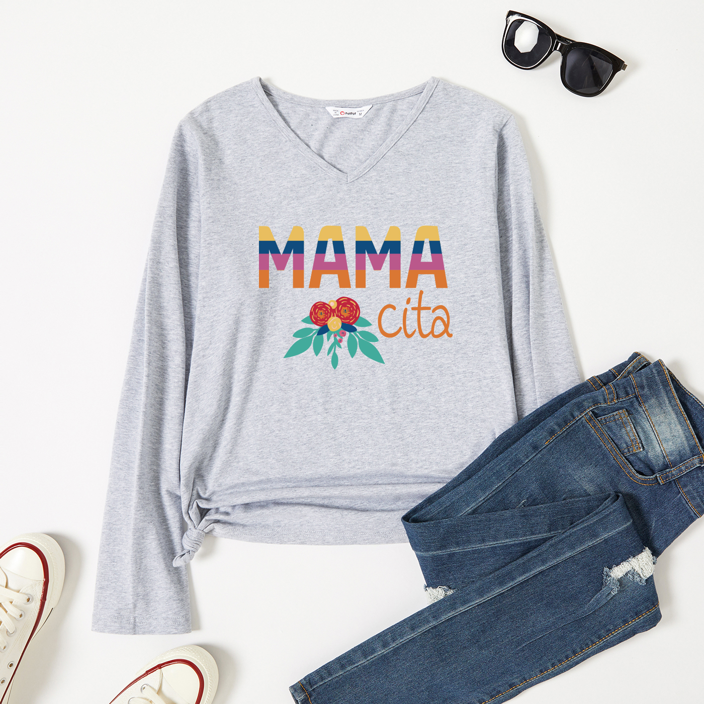 

Graphic Light gray Long-sleeve V Neck Tee for Women
