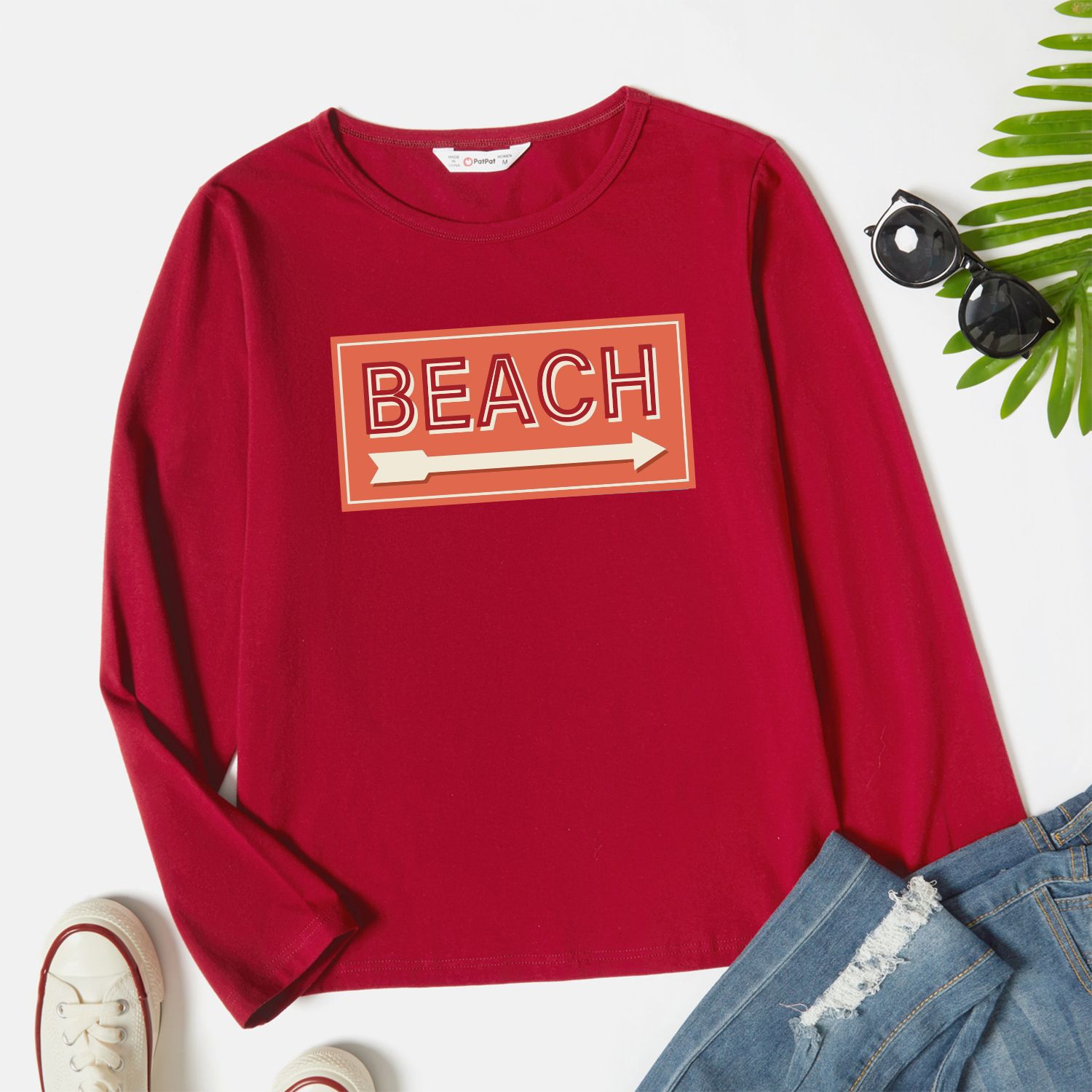 

Graphic Burgundy Long-sleeve Round-collar Tee for Women
