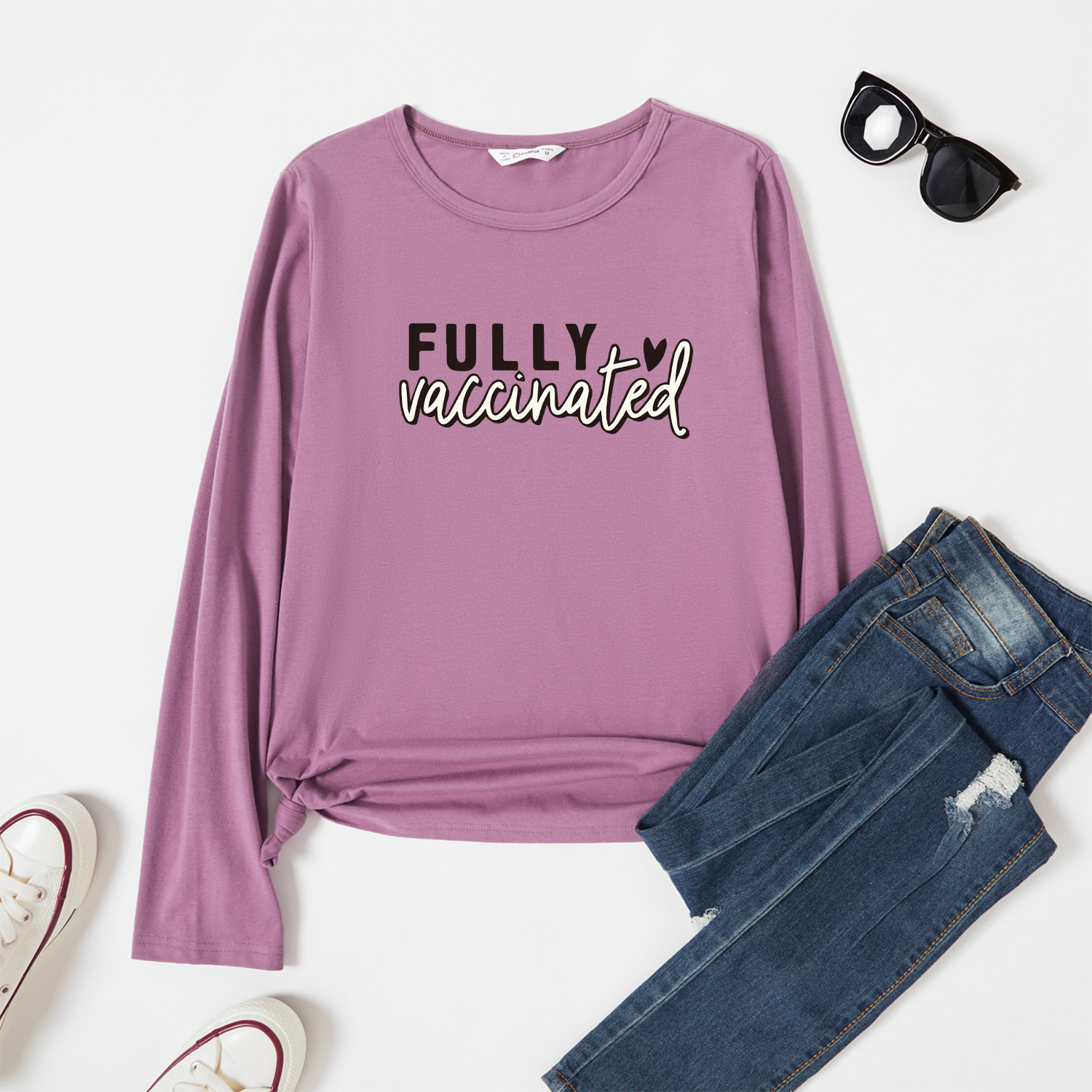 

Graphic Lavender Purple Long-sleeve Round-collar Tee for Women