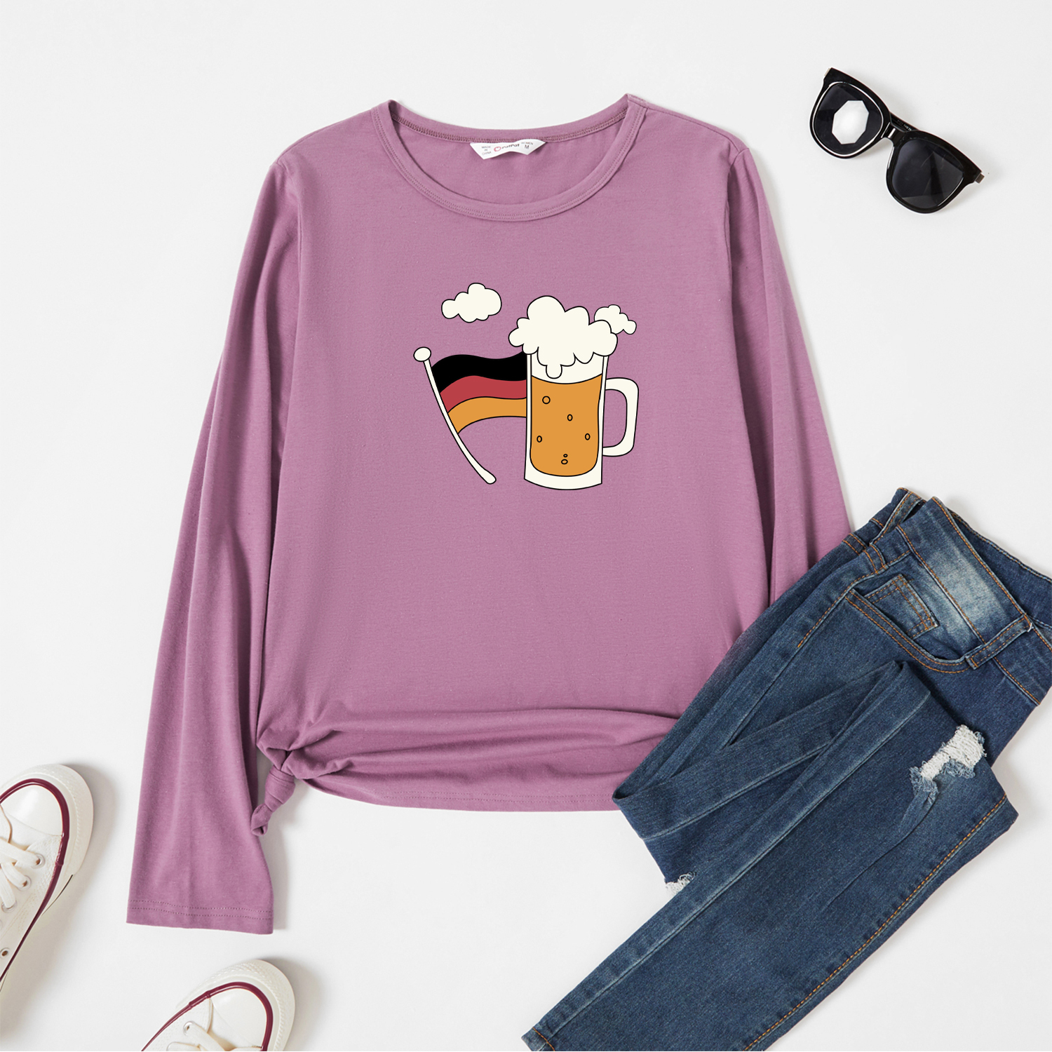 

Graphic Lavender Purple Long-sleeve Round-collar Tee for Women
