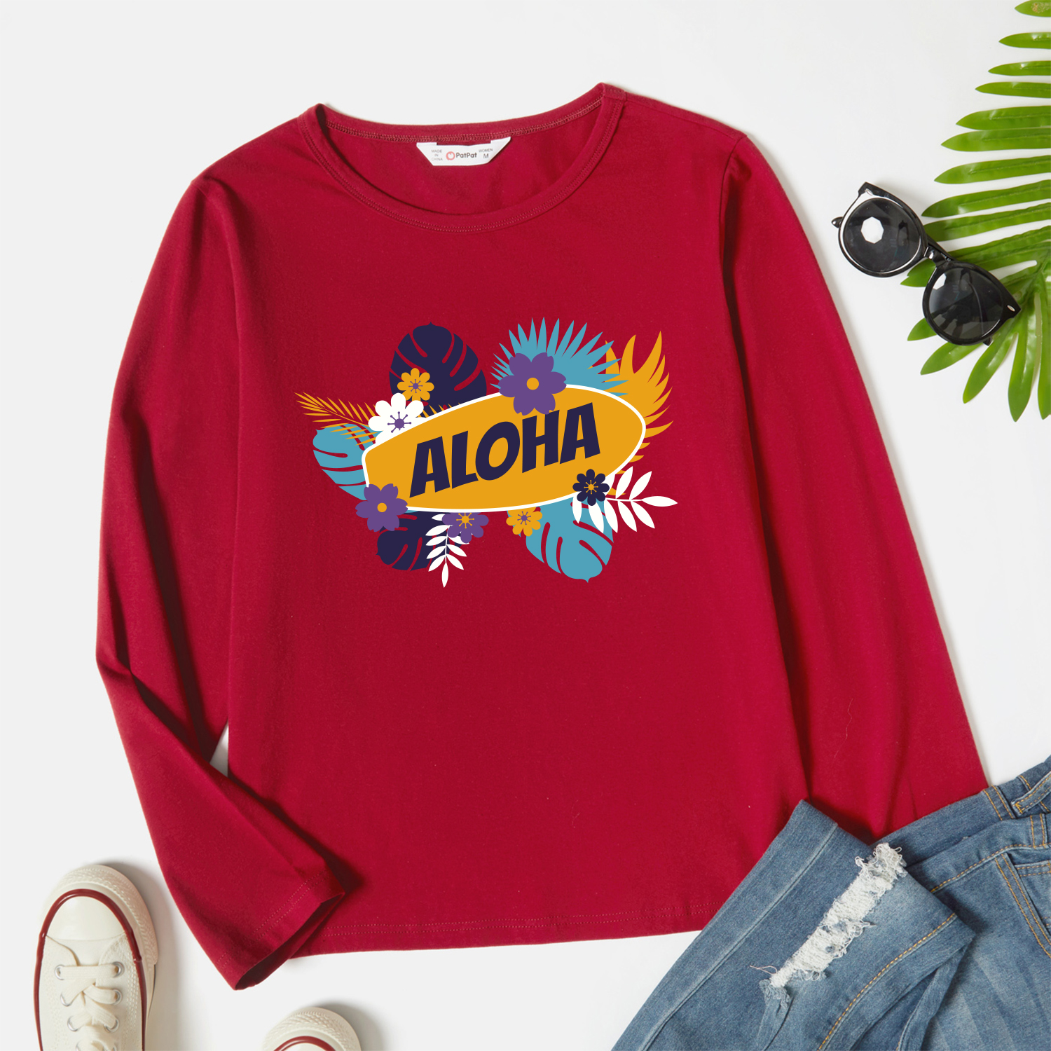 

Graphic Burgundy Long-sleeve Round-collar Tee for Women