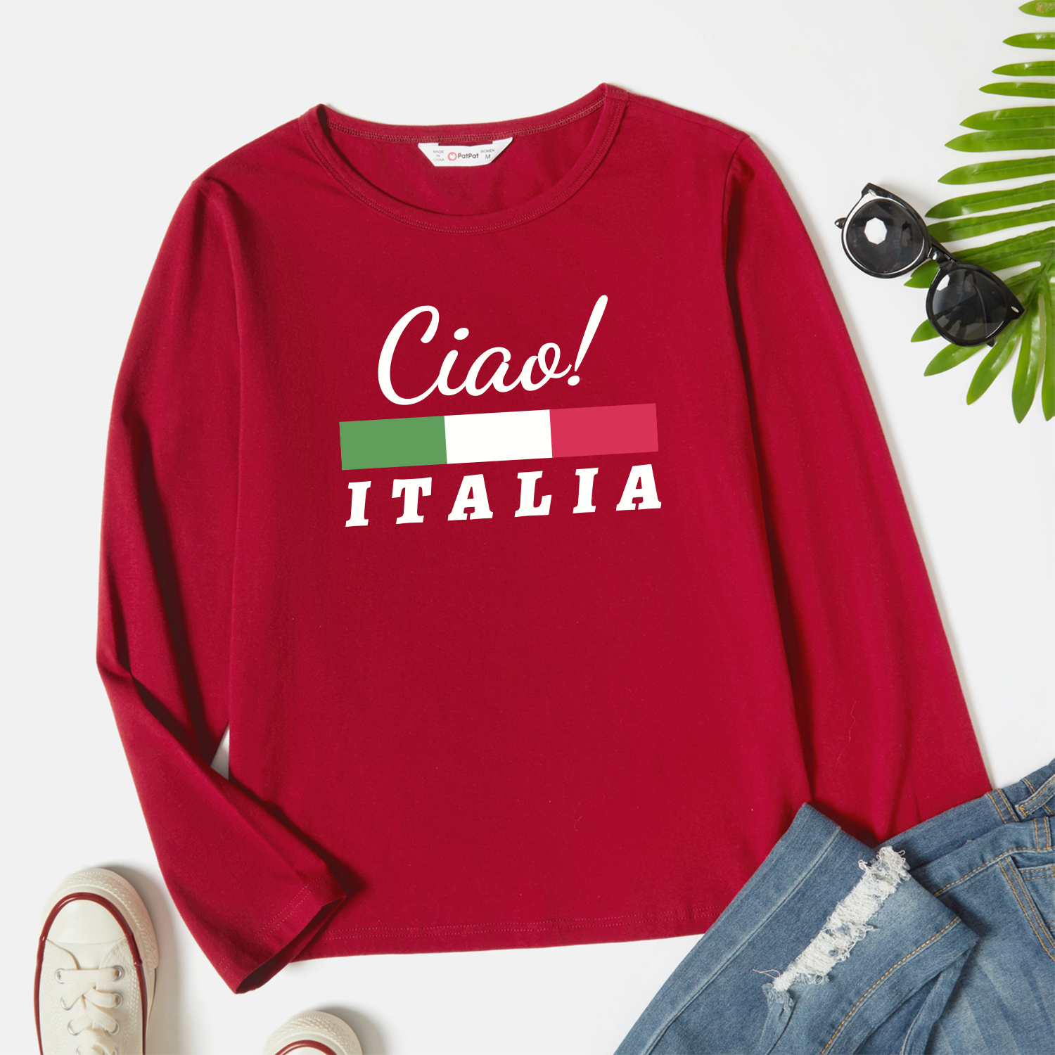 

Graphic Burgundy Long-sleeve Round-collar Tee for Women