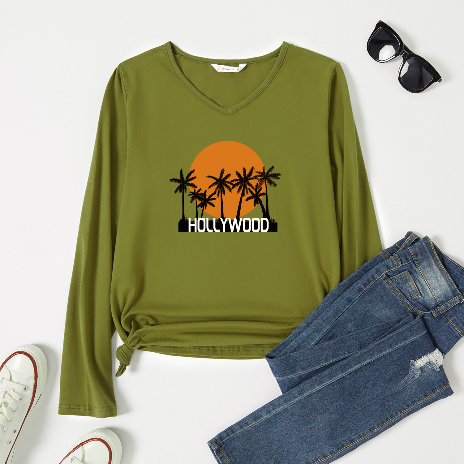 

Graphic Army green Long-sleeve V Neck Tee for Women
