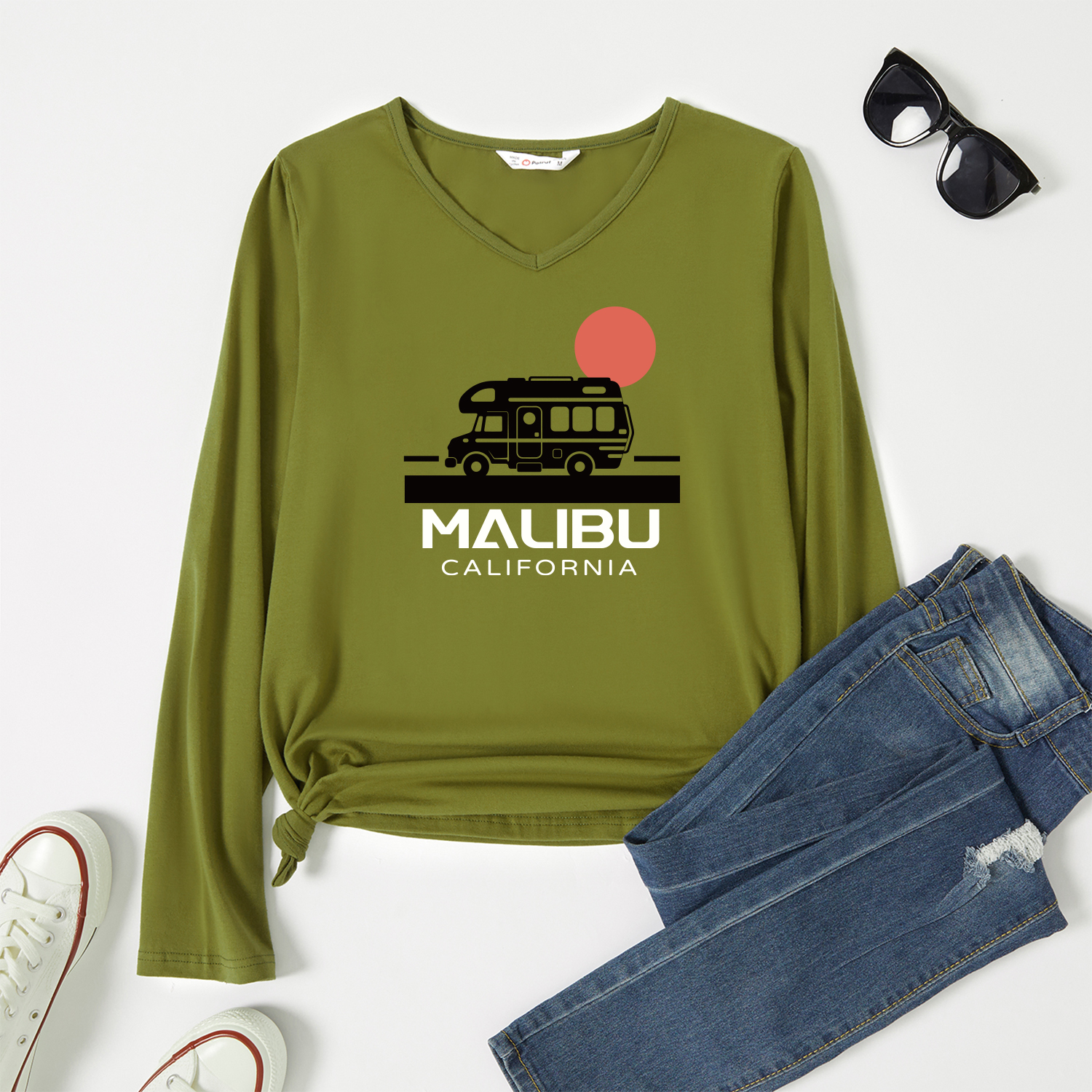 

Graphic Army green Long-sleeve V Neck Tee for Women