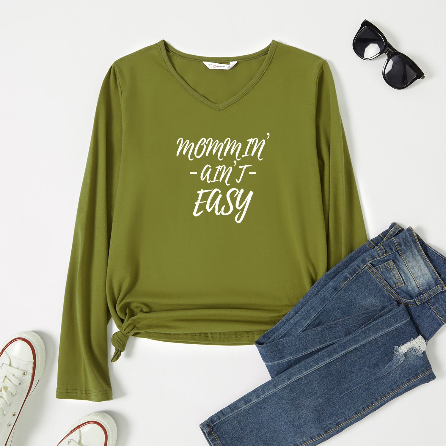 

Graphic Army green Long-sleeve V Neck Tee for Women