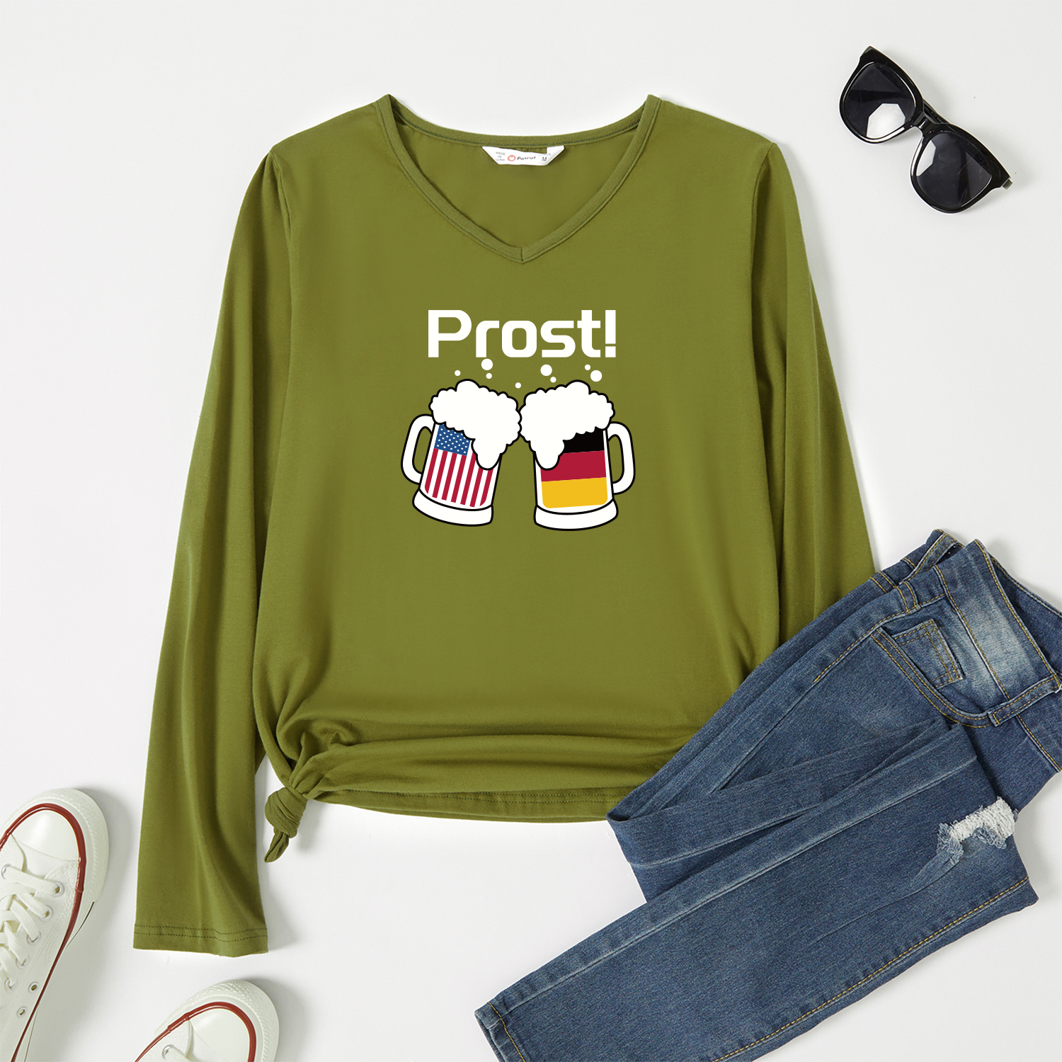 

Graphic Army green Long-sleeve V Neck Tee for Women