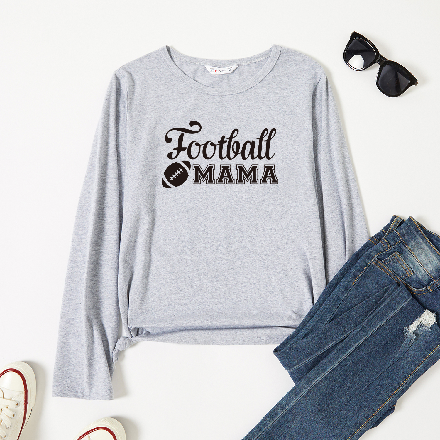 

Graphic Light gray Long-sleeve Round-collar Tee for Women