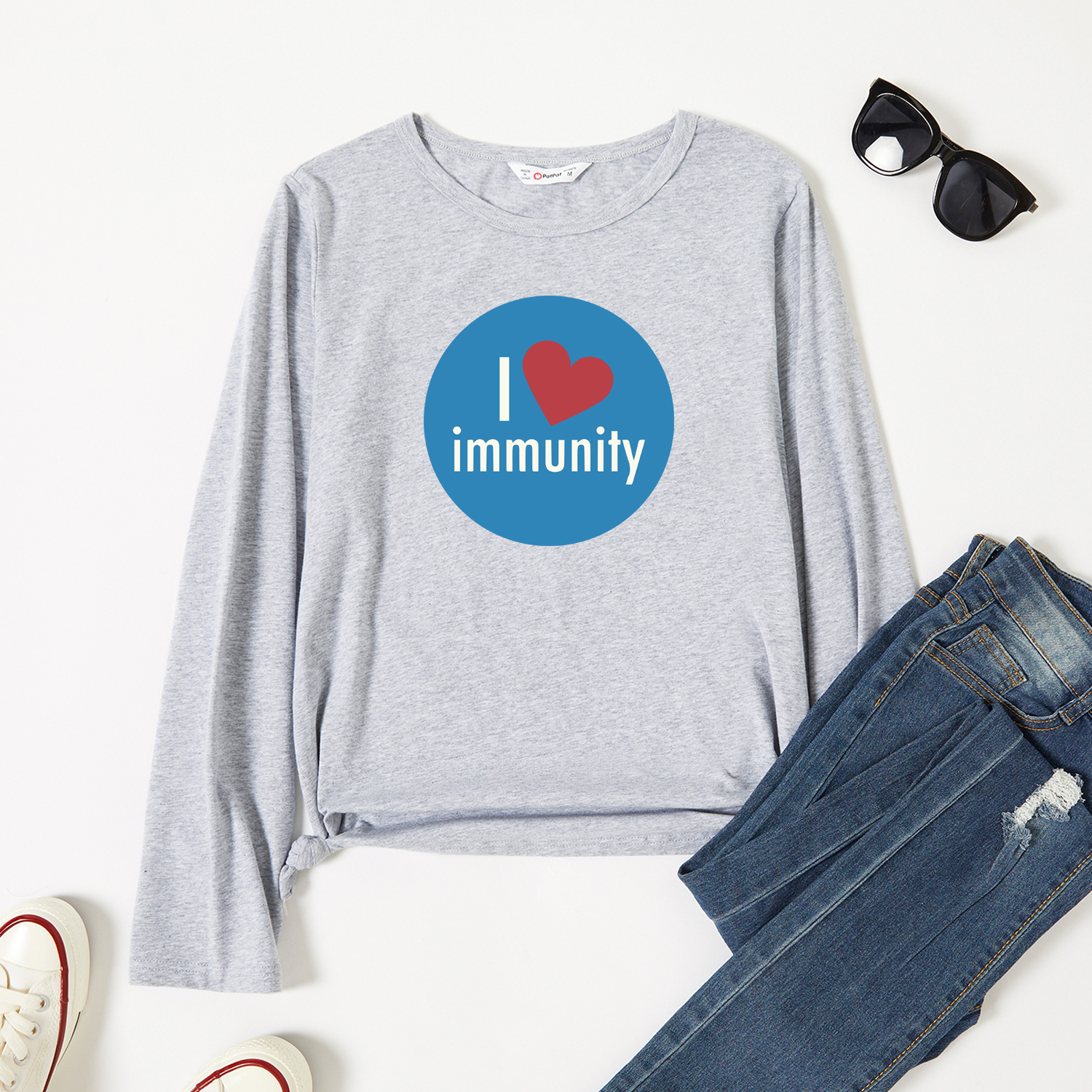 

Graphic Light gray Long-sleeve Round-collar Tee for Women