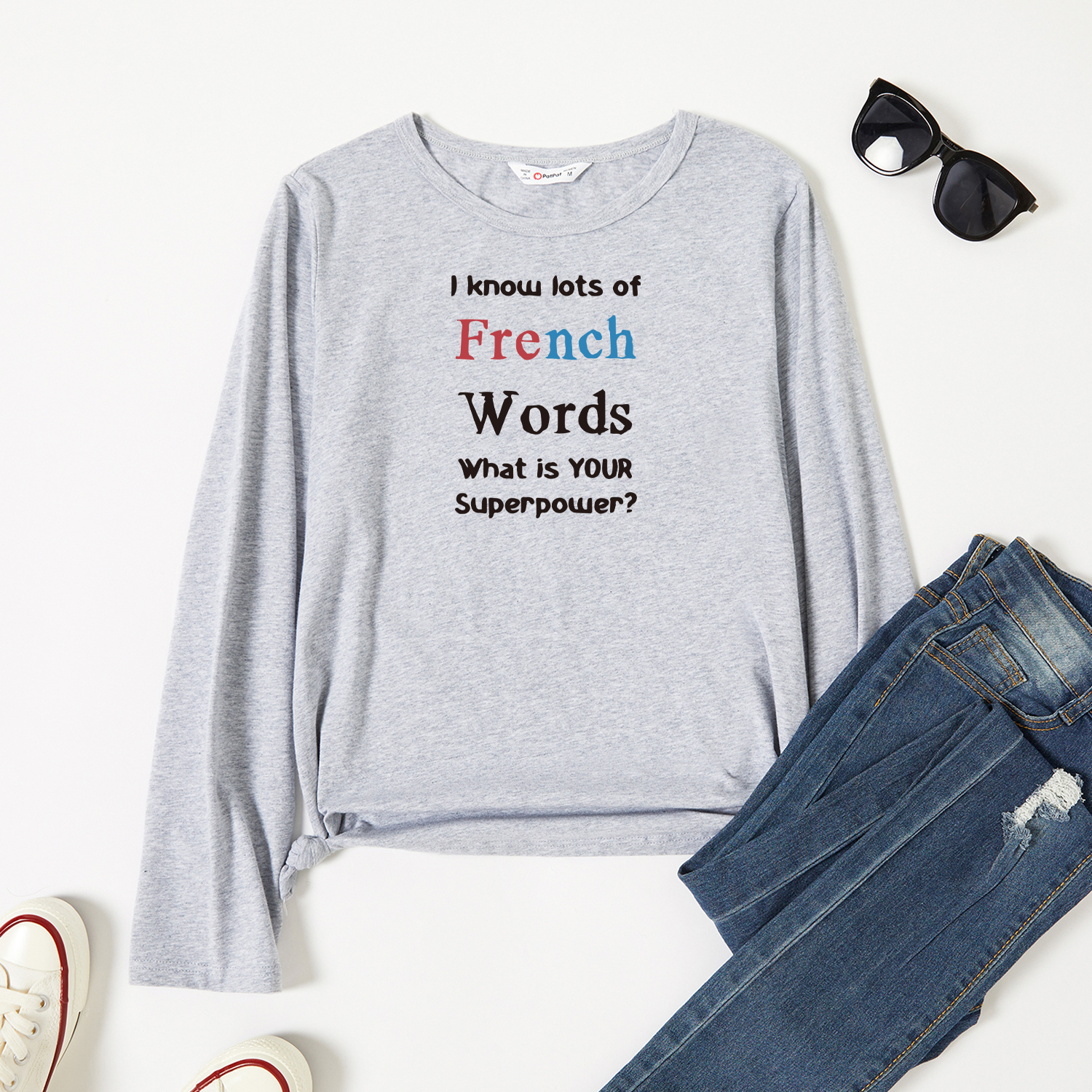 

Graphic Light gray Long-sleeve Round-collar Tee for Women