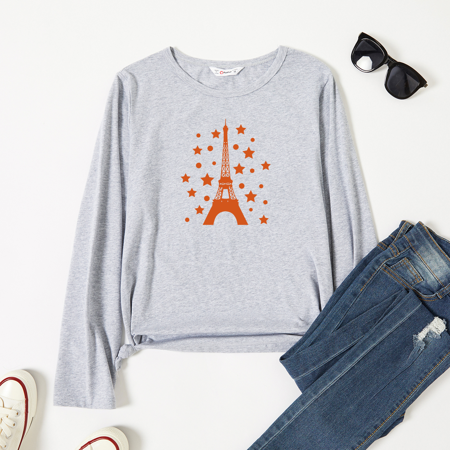 

Graphic Light gray Long-sleeve Round-collar Tee for Women