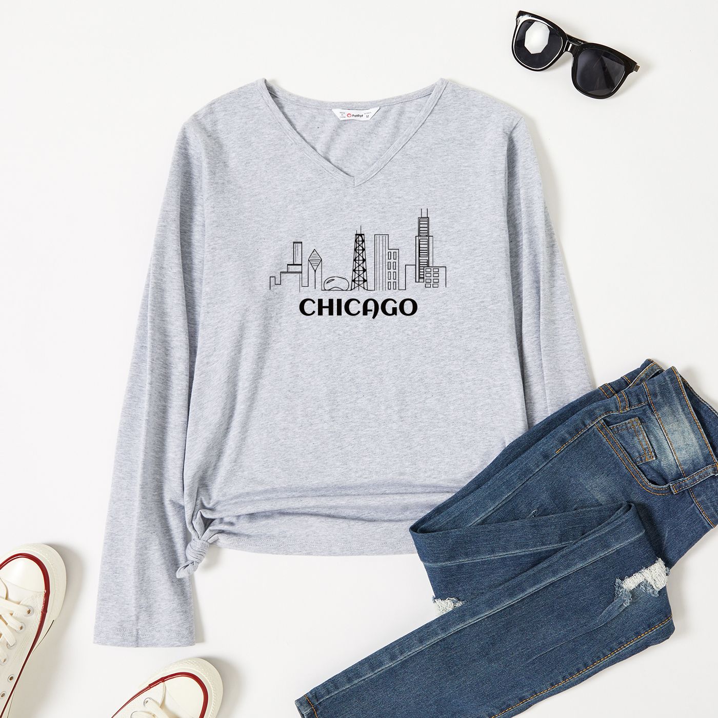 

Graphic Light gray Long-sleeve Round-collar Tee for Women