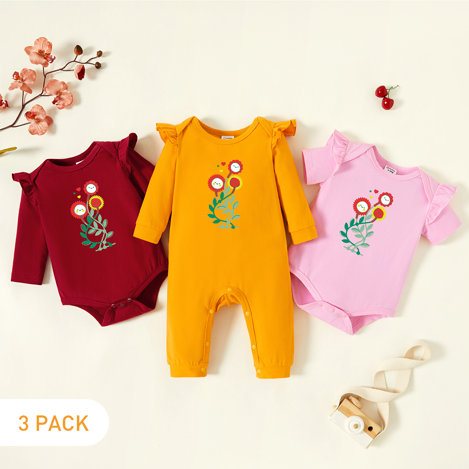 

3-Pack Baby Graphic Flutter-sleeve Romper and Jumpsuit Set