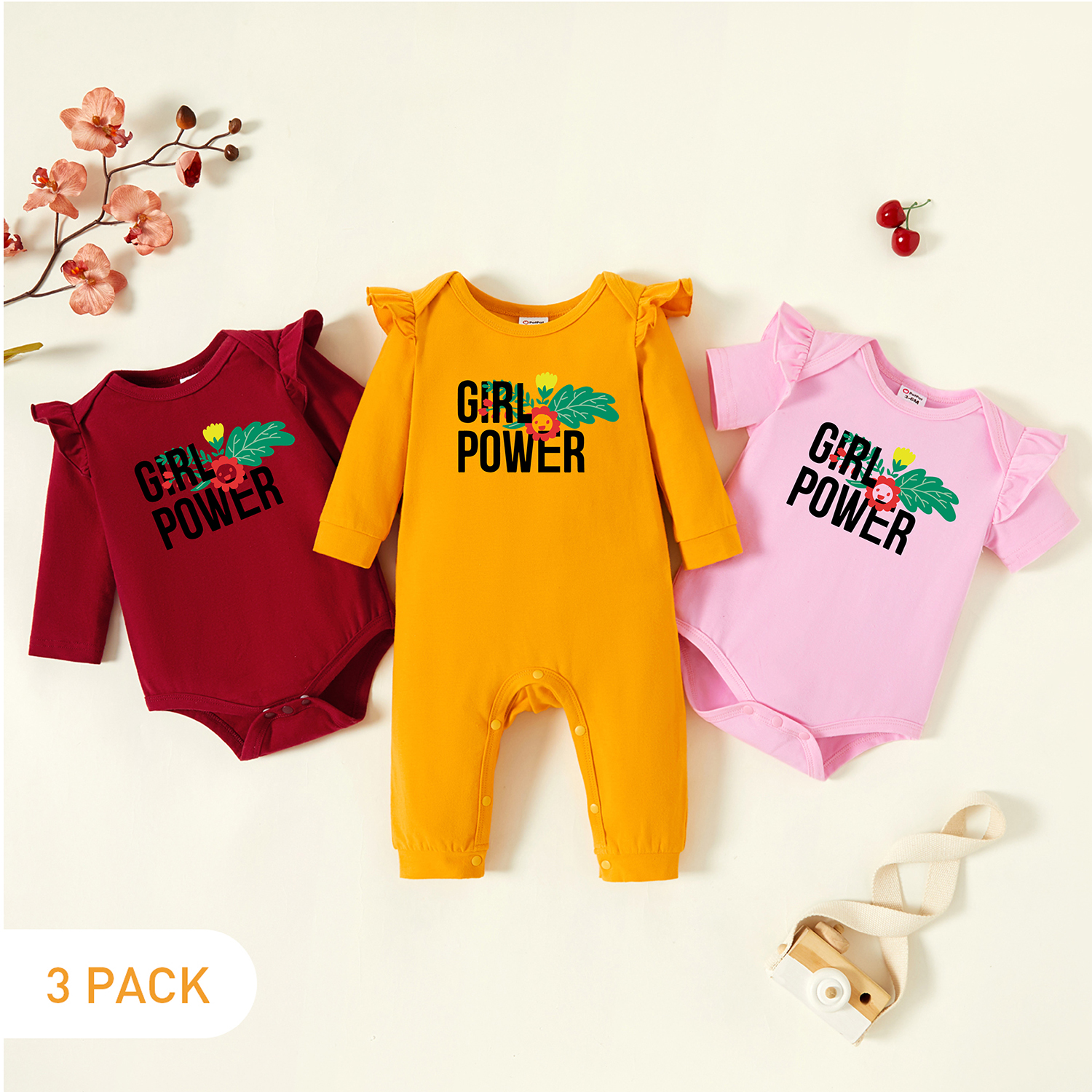

3-Pack Baby Graphic Flutter-sleeve Romper and Jumpsuit Set