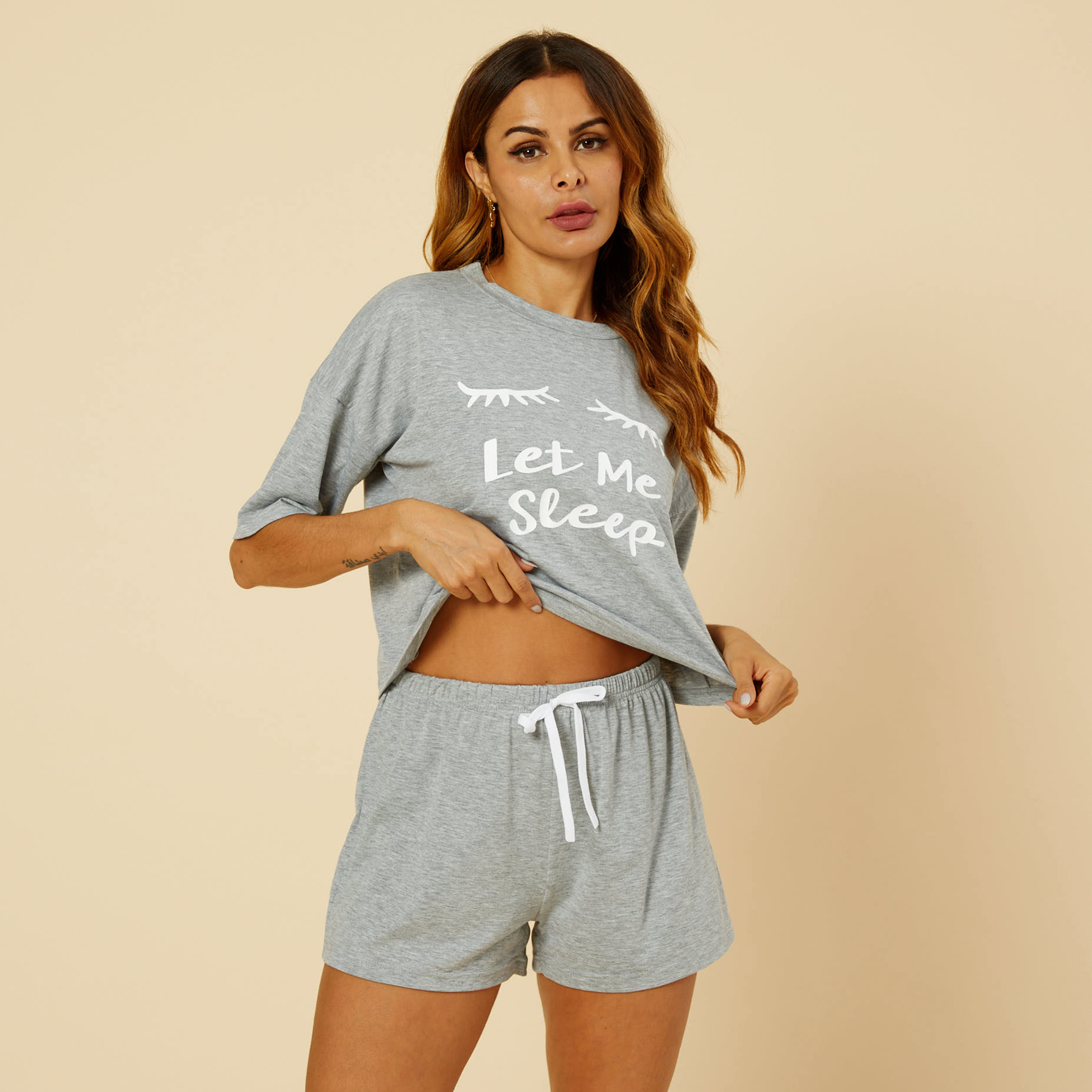 

casual Letter Print Round collar Short Sleeve Loungewear Women Set