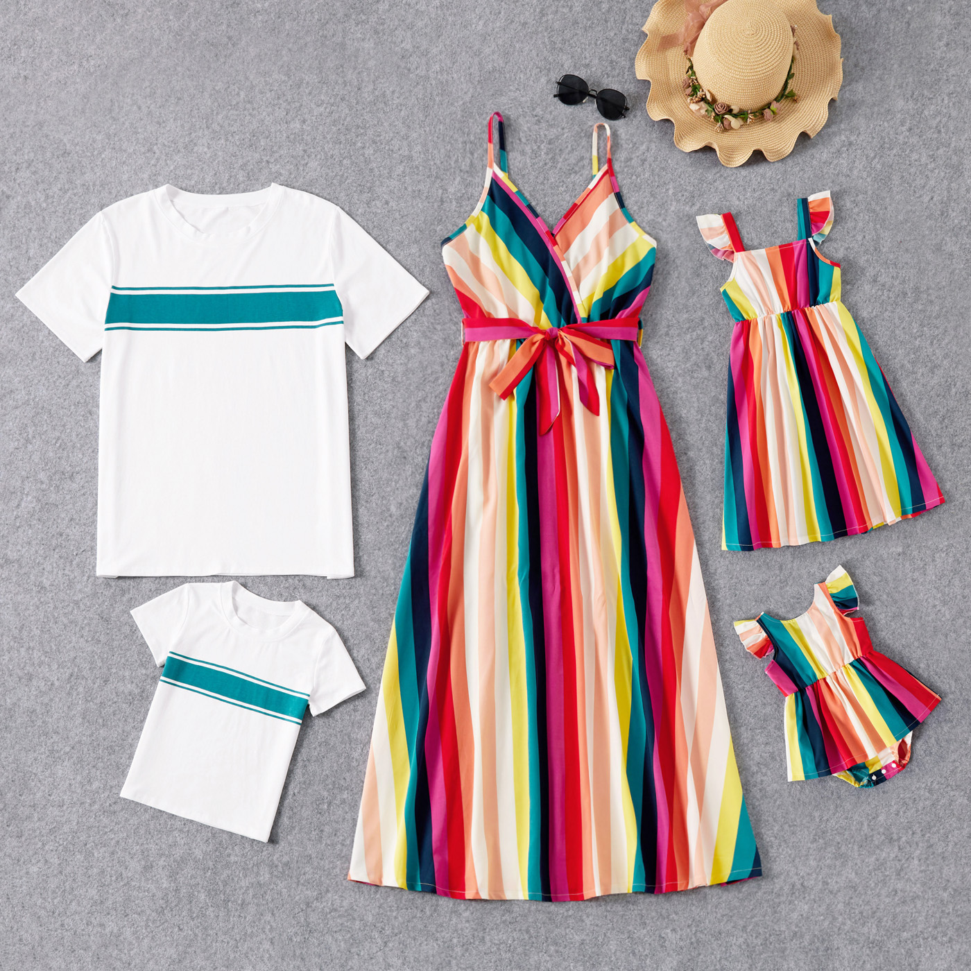 

Stripe Series Family Matching Sets(Colorful Sling Dresses for Mom and Girl ; Loose Straight Short Sleeve T-shirts for Dad and Boy)