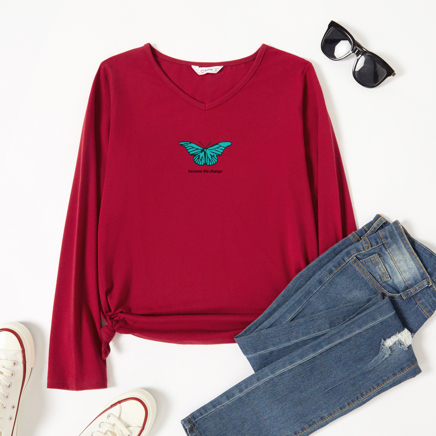 

Graphic Burgundy Long-sleeve V Neck Tee for Women