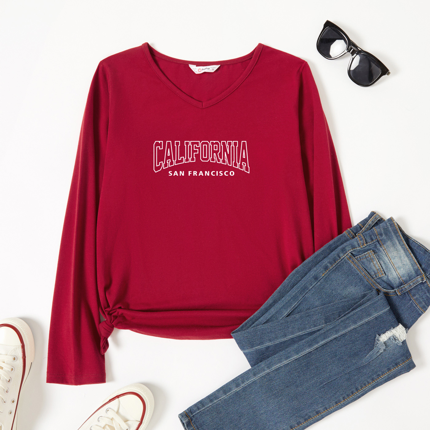 

Graphic Burgundy Long-sleeve V Neck Tee for Women