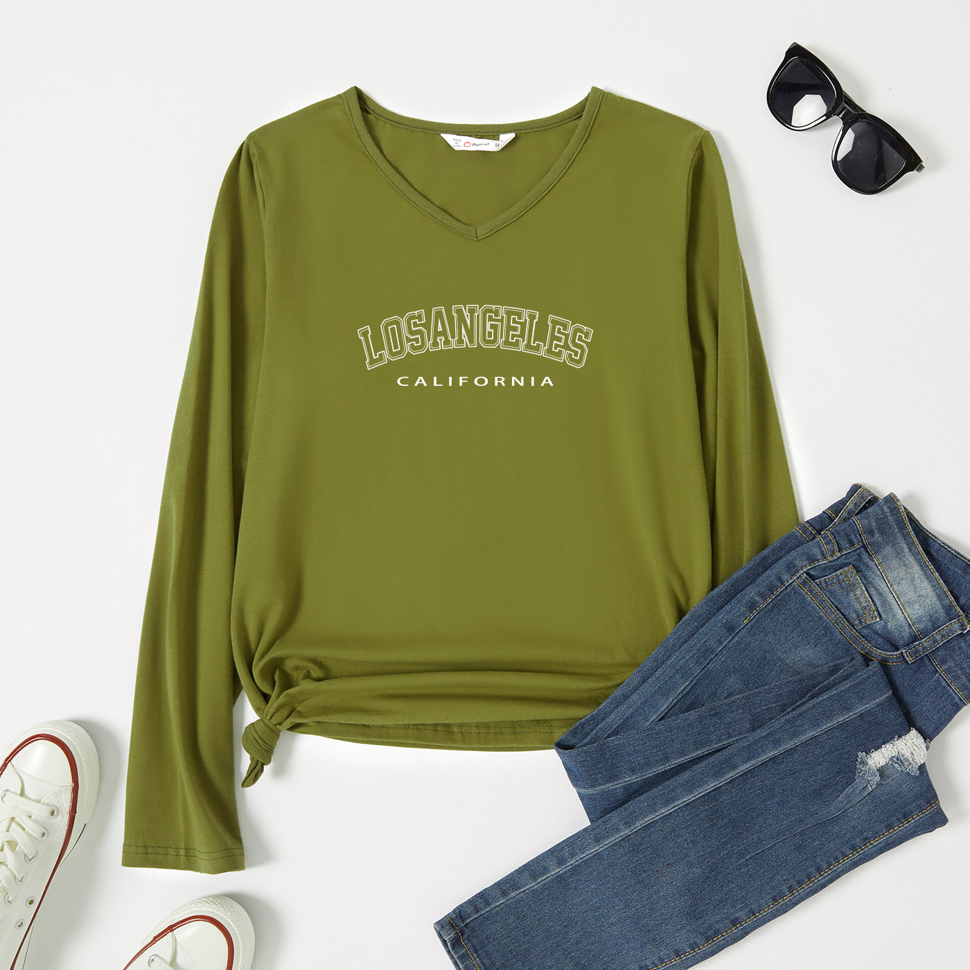 

Graphic Army green Long-sleeve V Neck Tee for Women