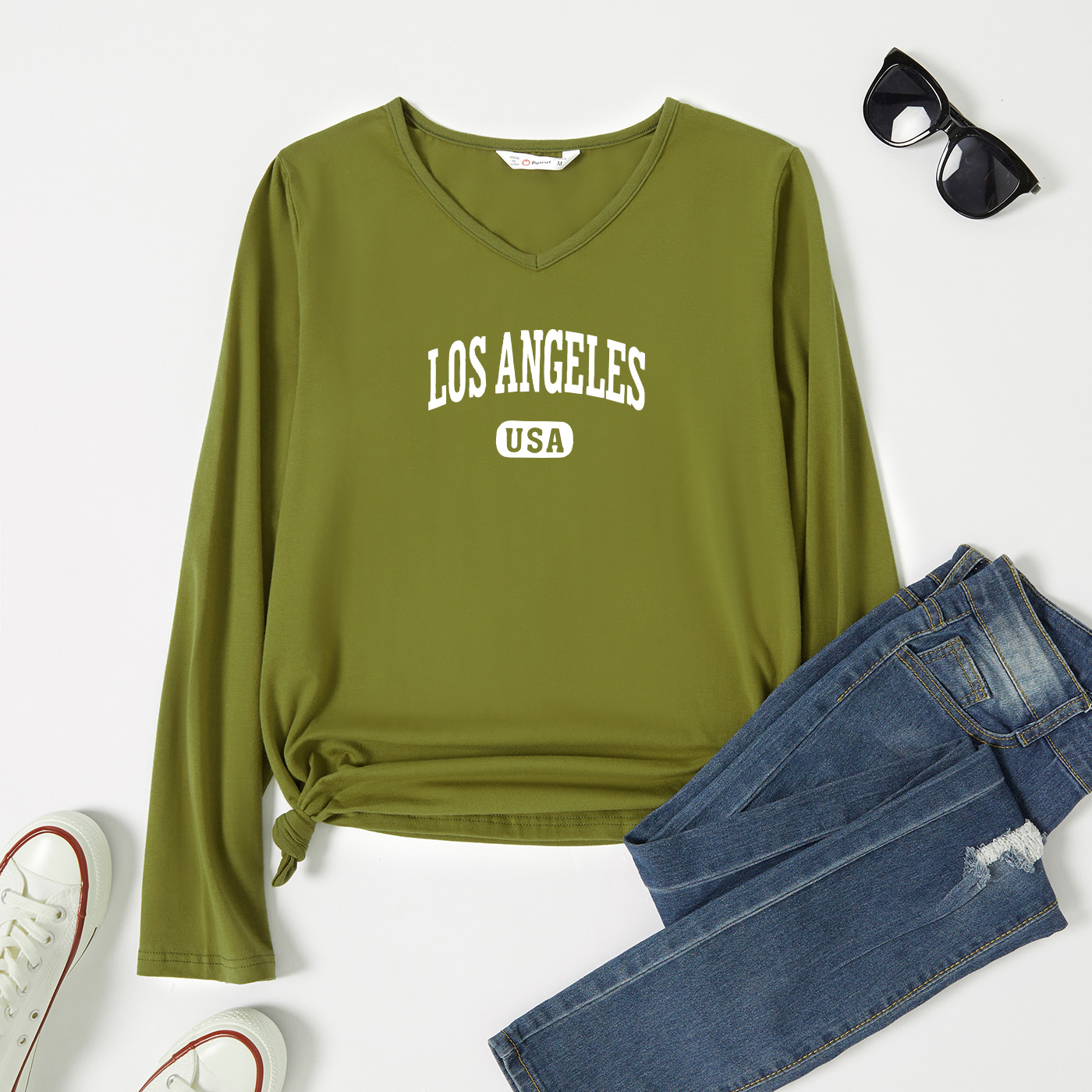 

Graphic Army green Long-sleeve V Neck Tee for Women