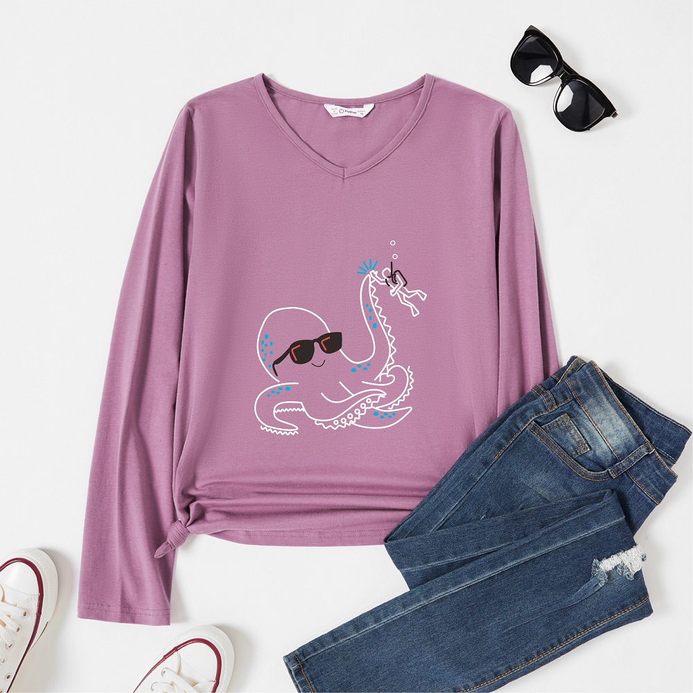 

Graphic Lavender Purple Long-sleeve V Neck Tee for Women