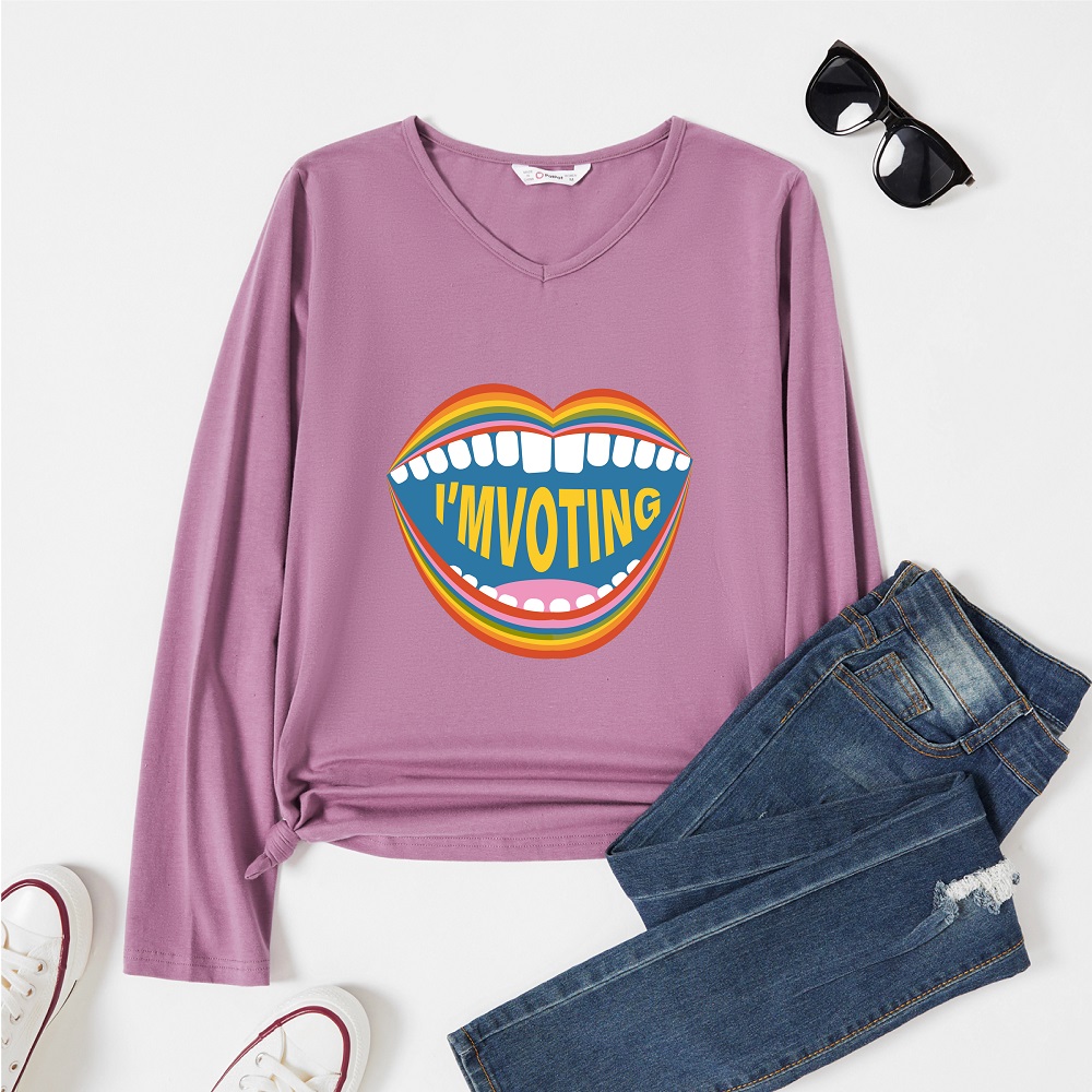 

Graphic Lavender Purple Long-sleeve V Neck Tee for Women